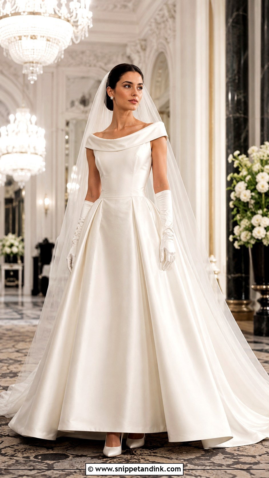 Portrait Collar Satin Wedding Dress - Snippet and Ink - 20 Classical Wedding Dress Ideas