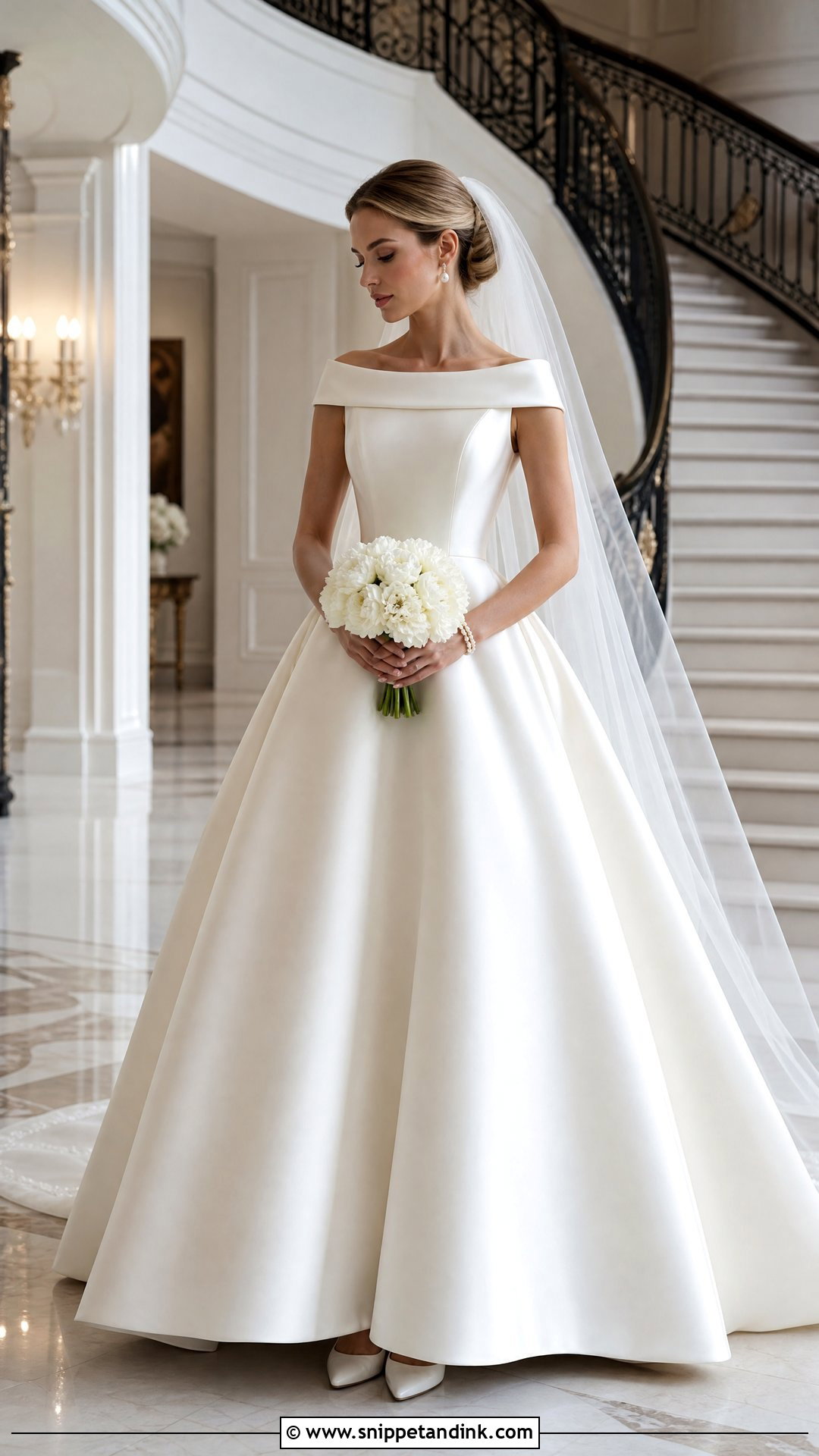 Portrait Neckline Wedding Gown With Full Skirt - Snippet and Ink - 20 Traditional Wedding Gown Ideas