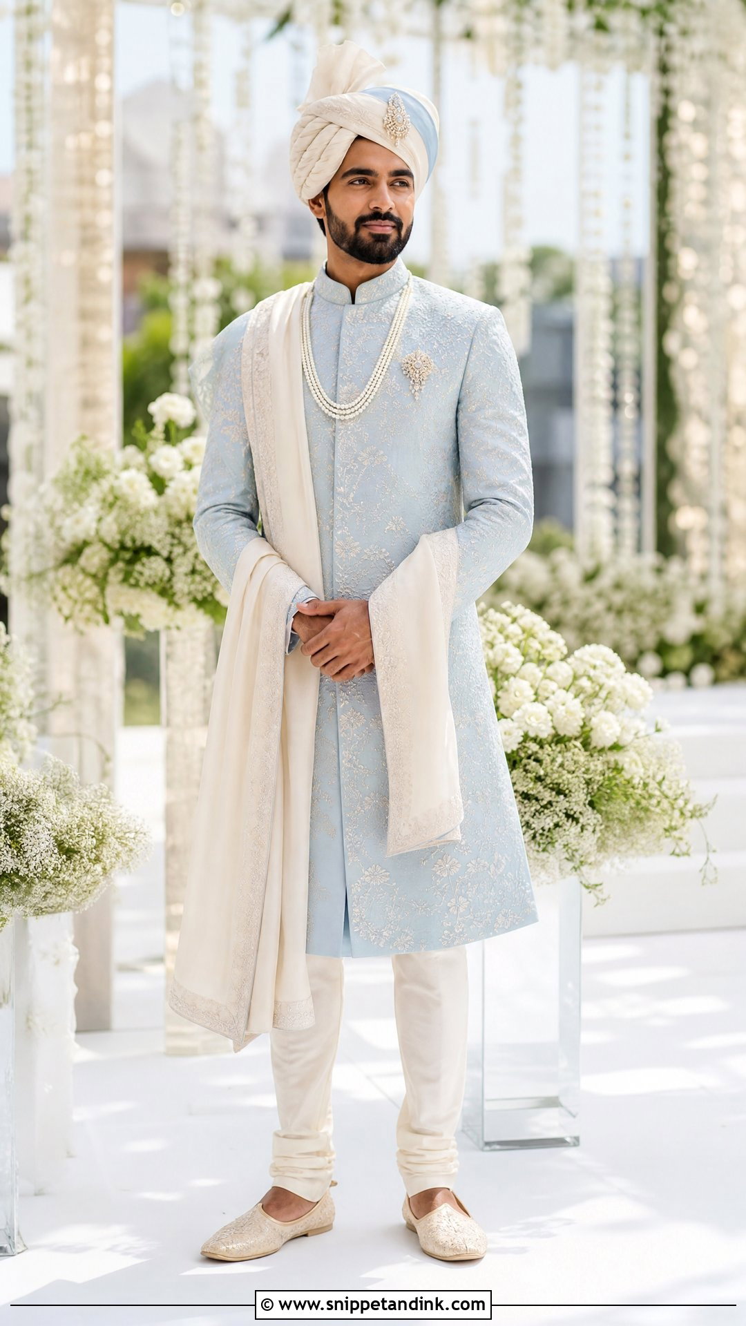 Powder Blue Achkan Wedding Outfit - Snippet and Ink - 20 Virat Kohli Wedding Dress Ideas