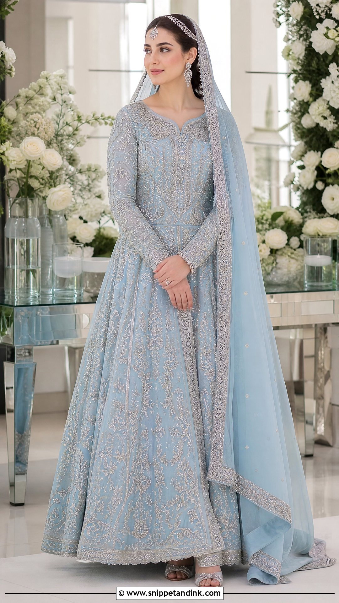 Powder Blue Anarkali Nikah Dress With Silver Details - Snippet and Ink - 20 Pakistani Bridal Nikah Dress Ideas