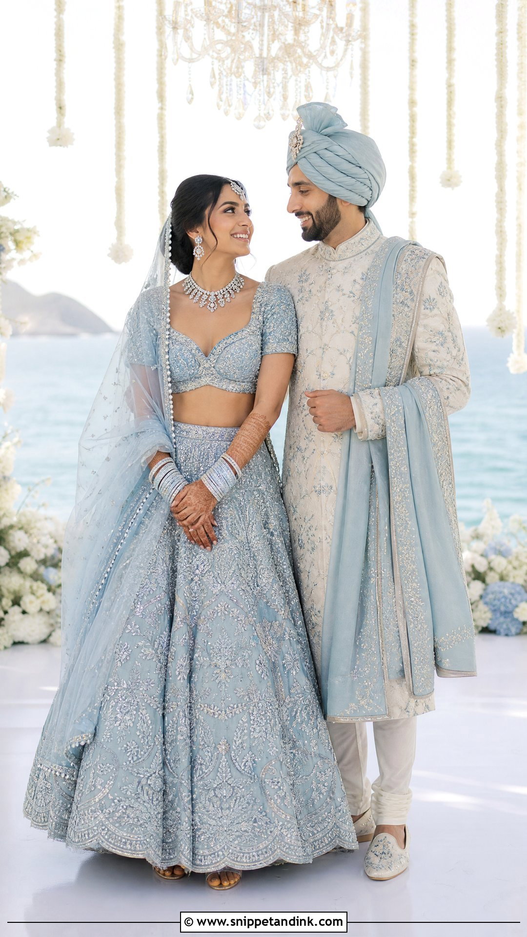 Powder Blue Bridal Lehenga And Ivory Sherwani Couple Outfit - Snippet and Ink - 20 Indian Bridal Couple Dress Ideas