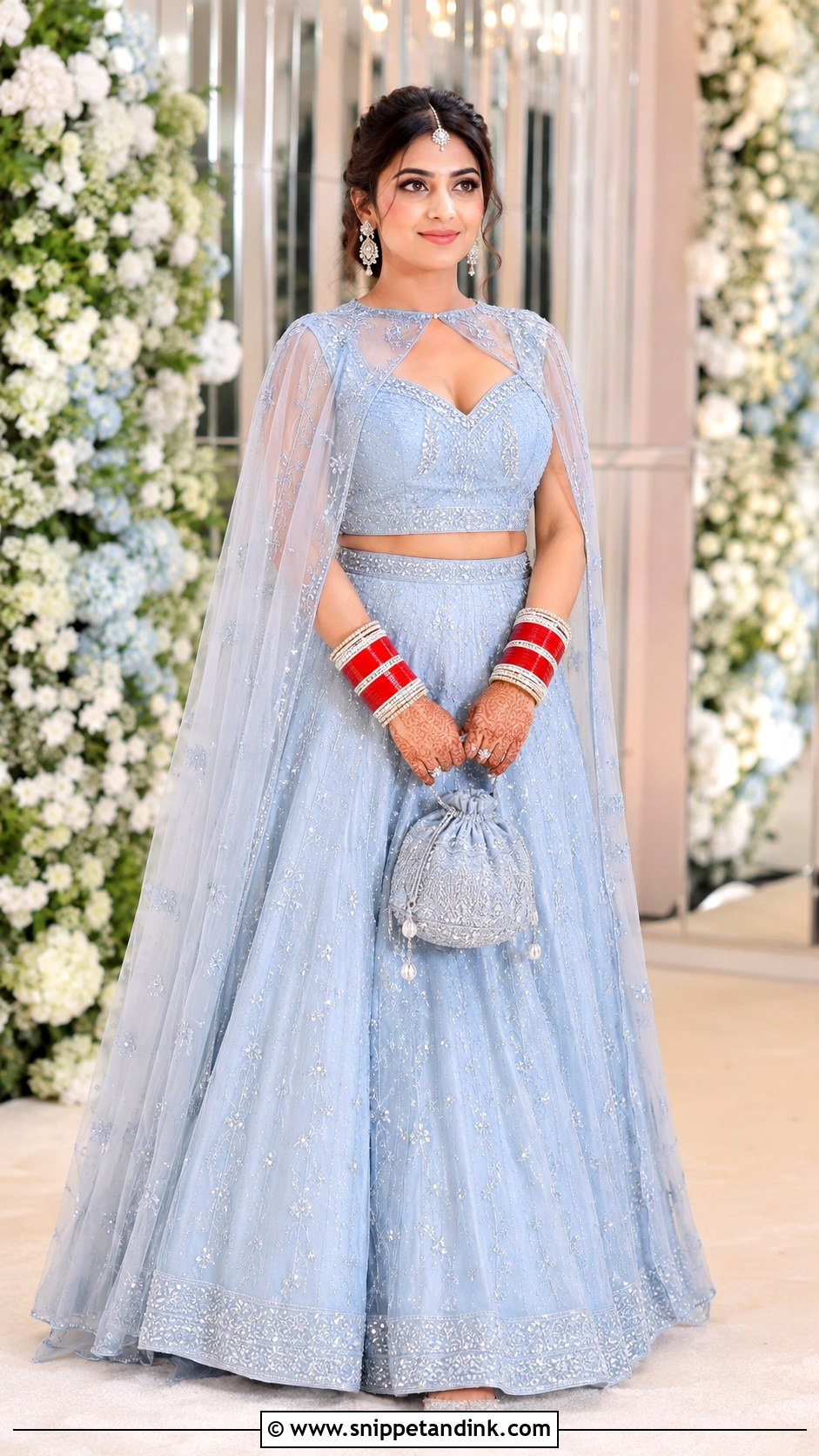 Powder Blue Cape Lehenga Choora Ceremony Outfit - Snippet and Ink - 20 Choora Ceremony Outfit Ideas