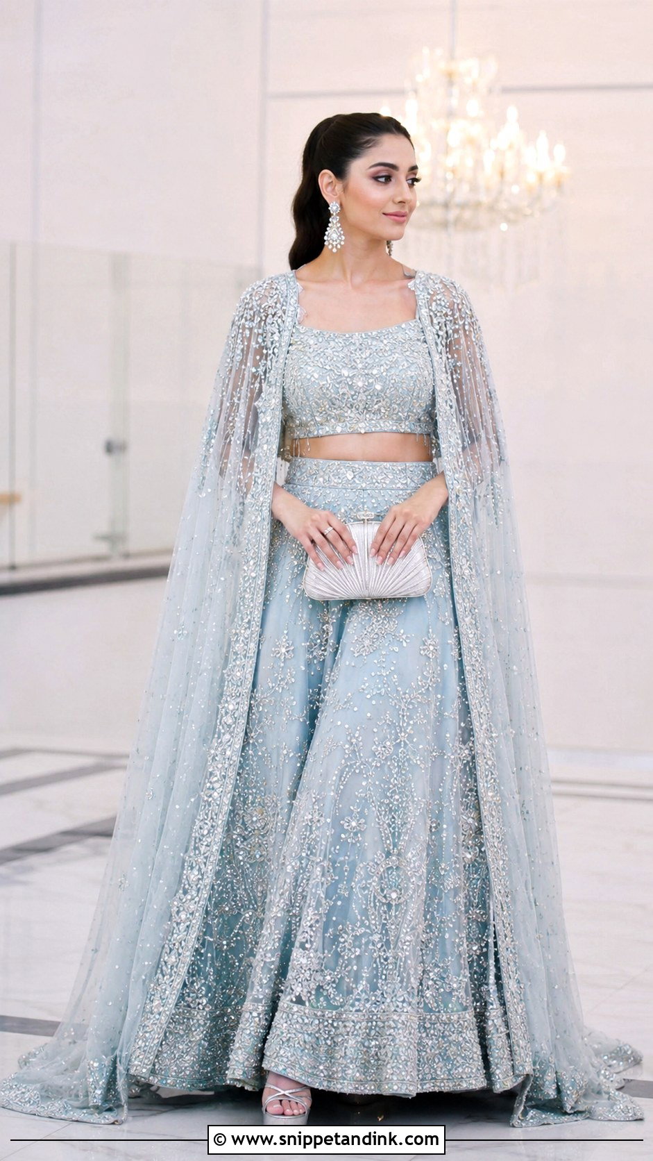 Powder Blue Cape Lehenga Mangni Dress - Snippet and Ink - 20 Mangni Dress Pakistani Bridal Ideas