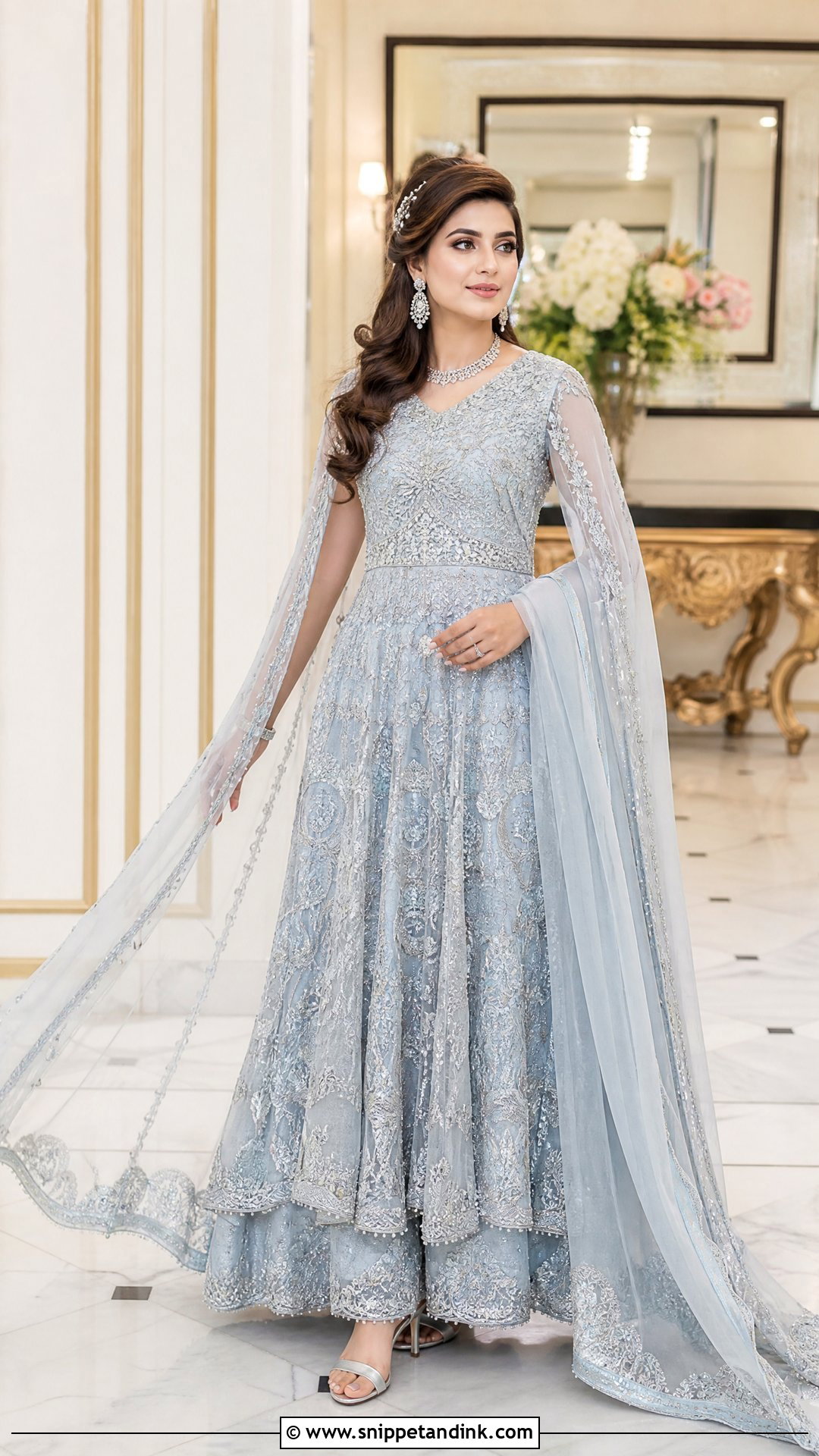 Powder Blue Cape Sleeve Pakistani Bridal Walima Maxi - Snippet and Ink - 20 Pakistani Bridal Walima Maxi Ideas