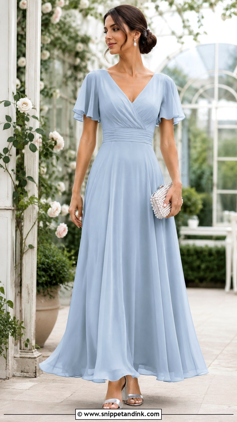 Powder Blue Chiffon Maxi Dress With Silver Heels - Snippet and Ink - 20 Blue Dresses to Wear to a Wedding
