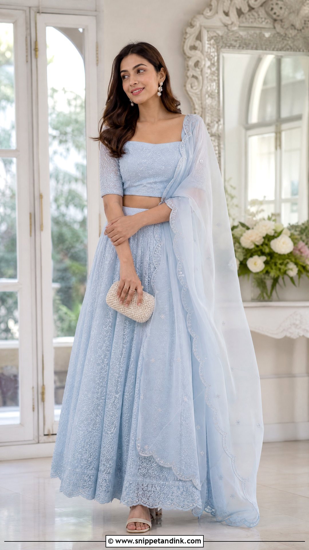 Powder Blue Chikankari Party Lehenga - Snippet and Ink - 20 Party Lengha Ideas