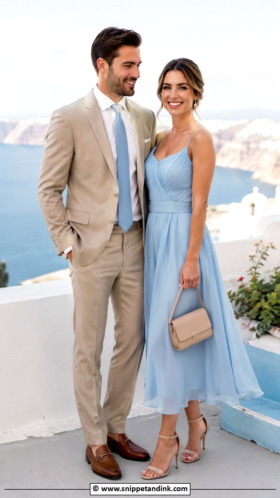 Powder Blue Dress And Tan Suit Wedding Matching Outfit - Snippet and Ink - 35 Wedding Matching Outfits