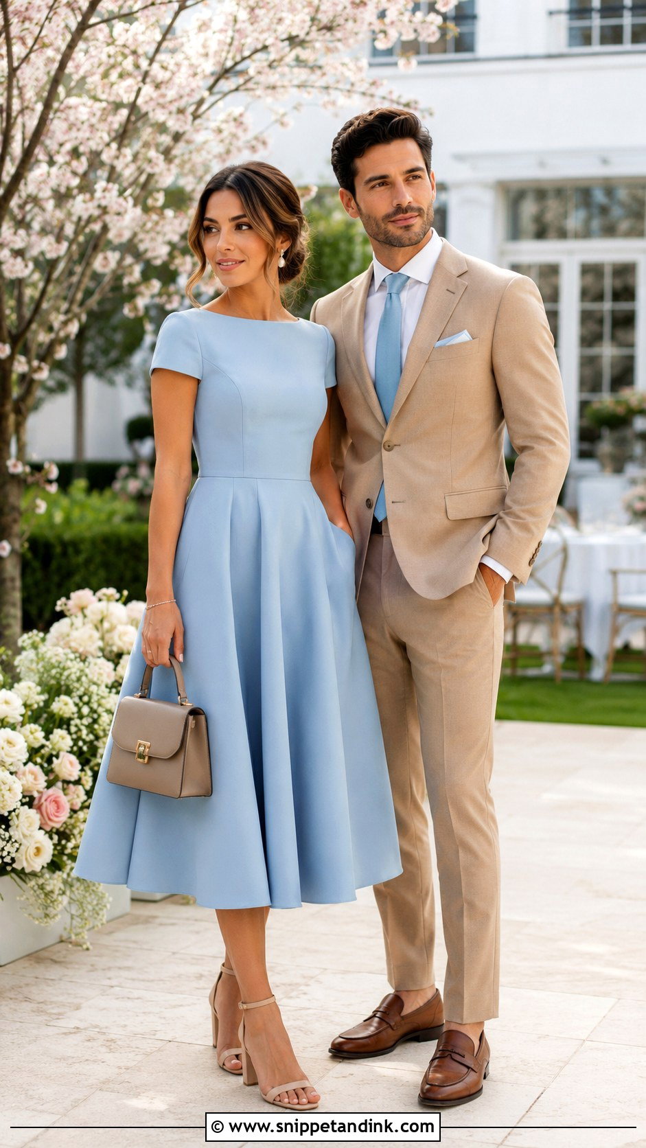 Powder Blue Dress and Tan Suit Wedding Couple Outfit - Snippet and Ink - 20 Matching Couple Outfits for Wedding