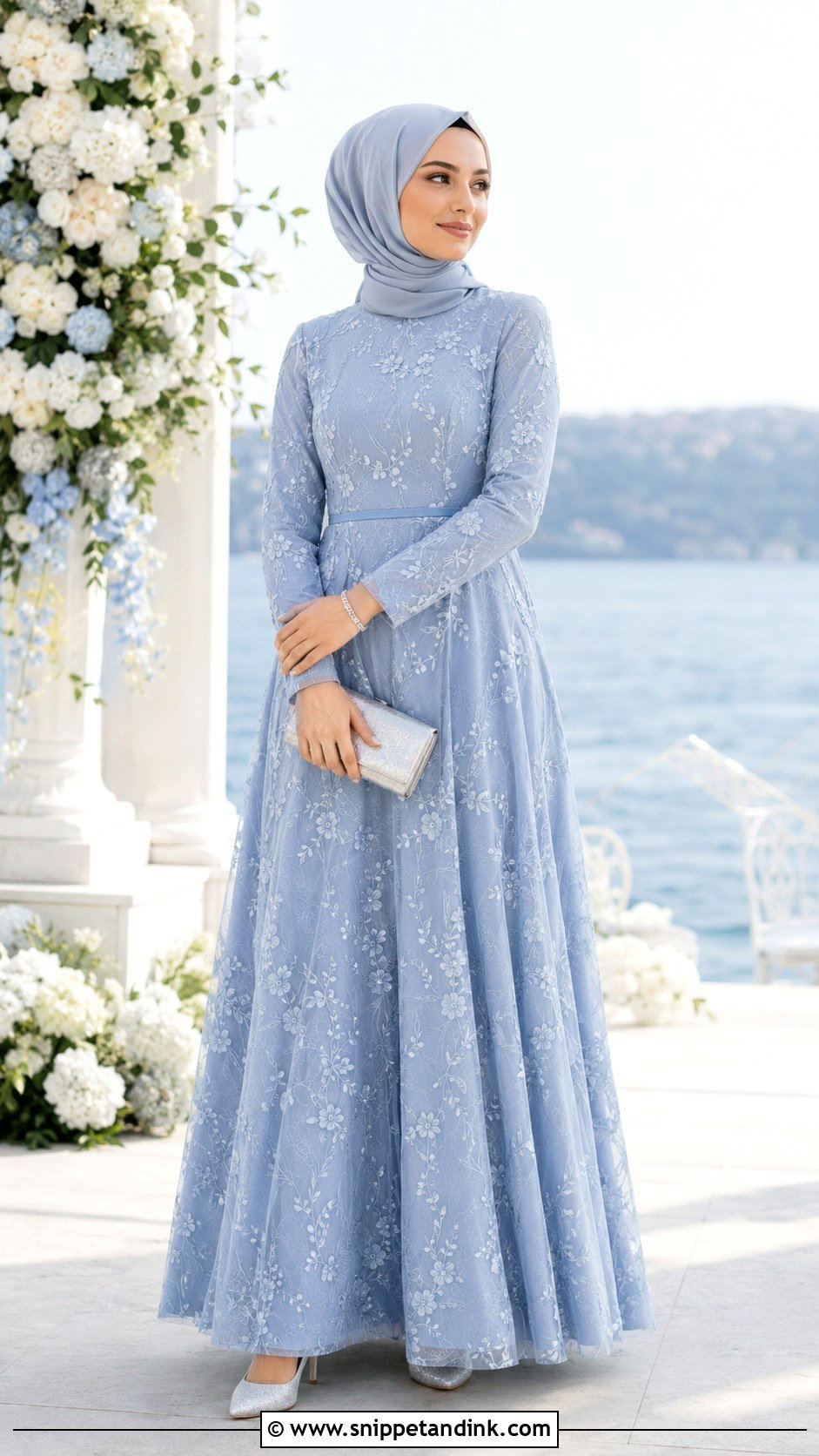 Powder Blue Embroidered Bridesmaid Hijab Dress - Snippet and Ink - 20 Dress Braidsmaid Hijab Ideas