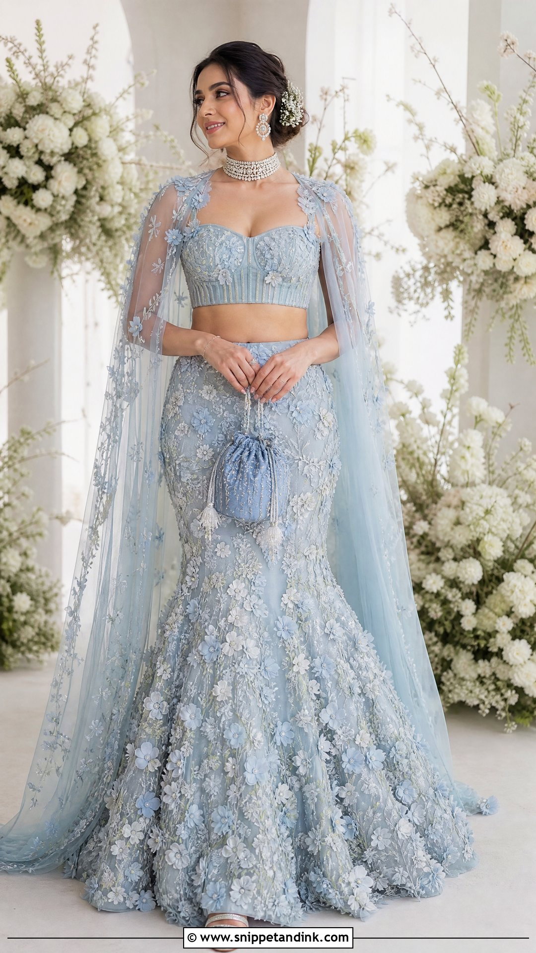 Powder Blue Floral Mermaid Bridal Lehenga - Snippet and Ink - 20 Indian Mermaid Wedding Dress Ideas