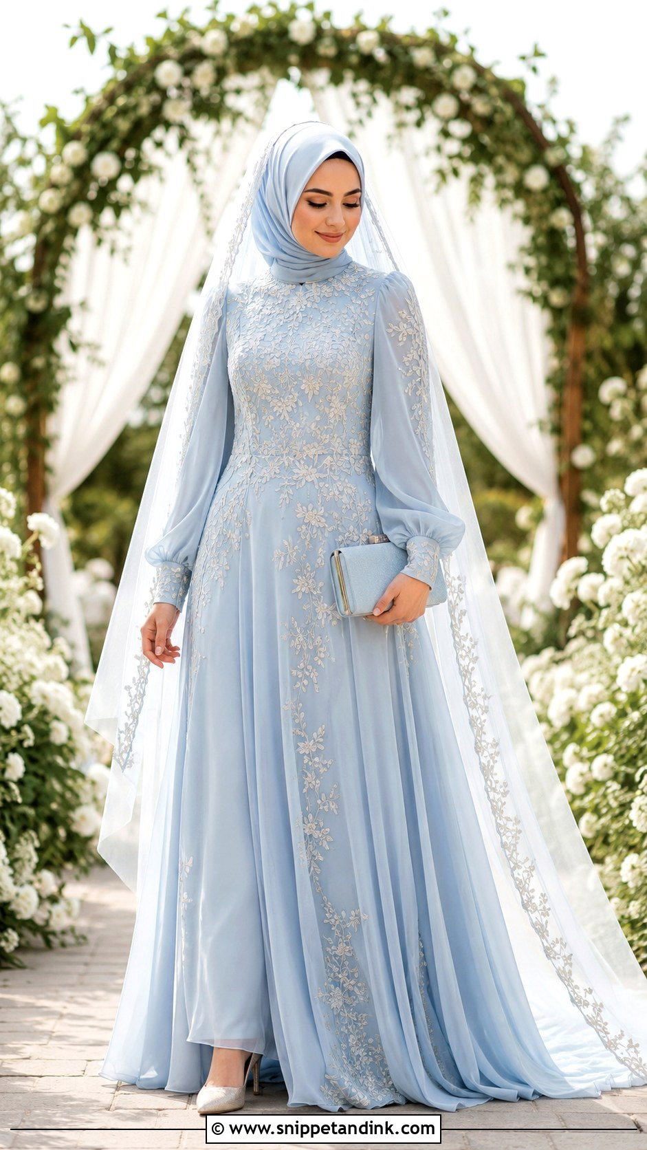Powder Blue Islamic Bridal Gown With Floral Embroidery - Snippet and Ink - 20 Islamic Bride Dress Ideas