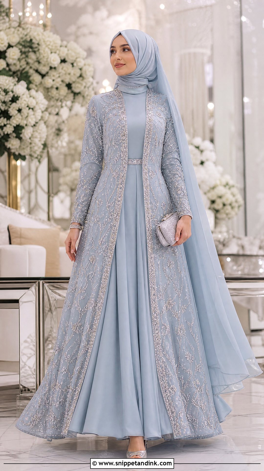 Powder Blue Jacket Lehenga With Hijab - Snippet and Ink - 20 Pakistani Hijab for Wedding Party Ideas