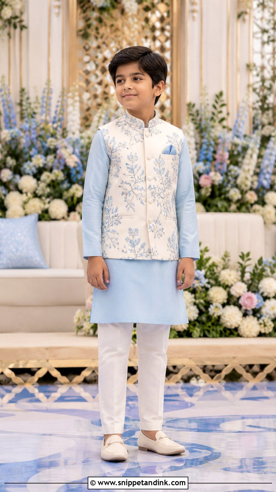 Powder Blue Kurta Pajama With Ivory Jacket - Snippet and Ink - 20 Boys Sangeet Outfit Ideas