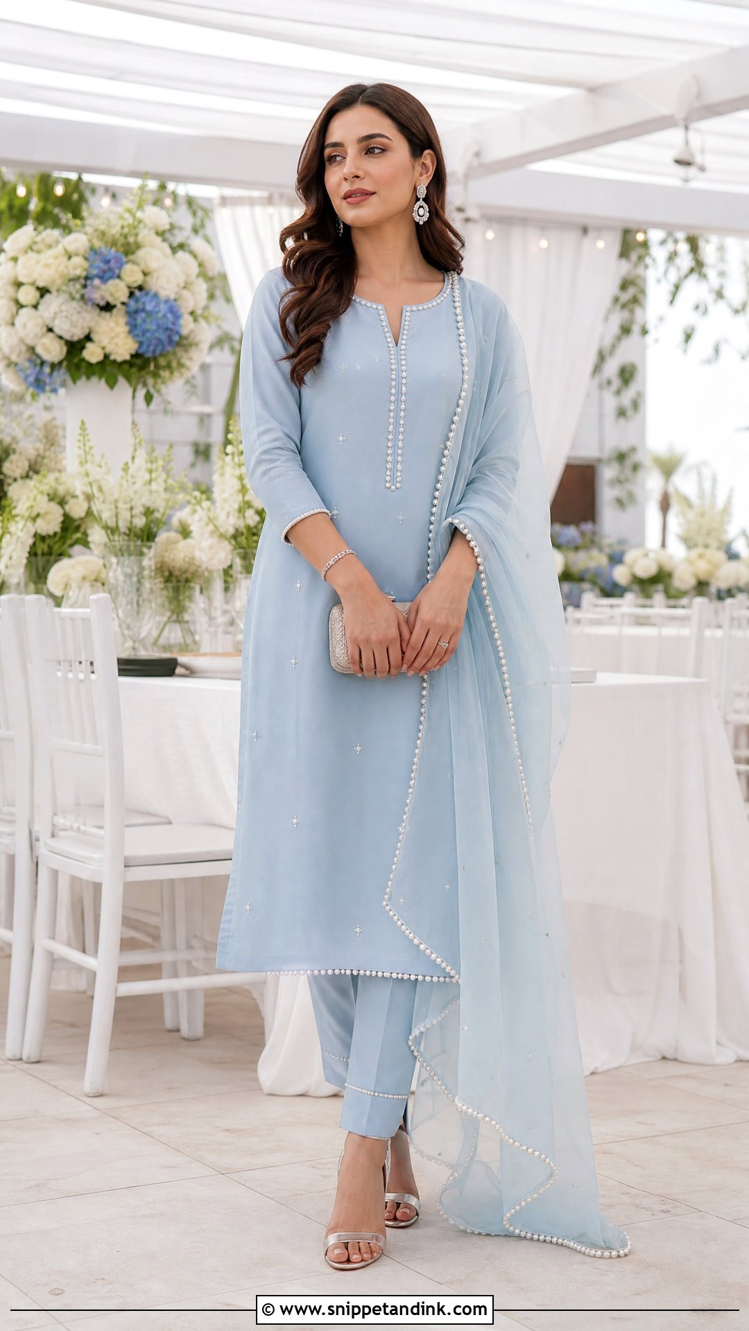 Powder Blue Kurta Set With Pearl Details - Snippet and Ink - 25 Kurta Set for Wedding Ideas