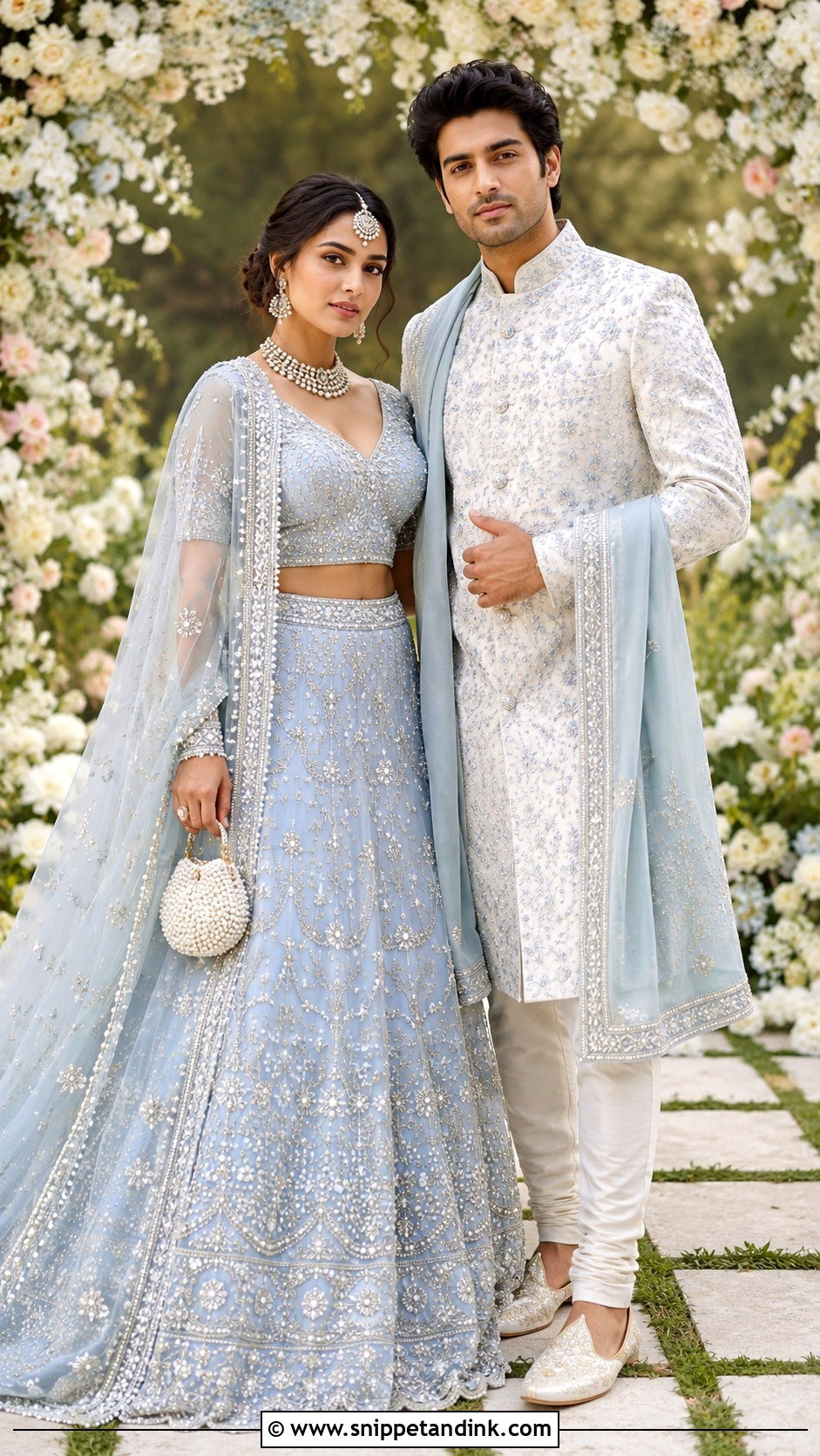 Powder Blue Lehenga And Sherwani Indian Wedding Outfit - Snippet and Ink - 20 Indian Wedding Matching Outfits