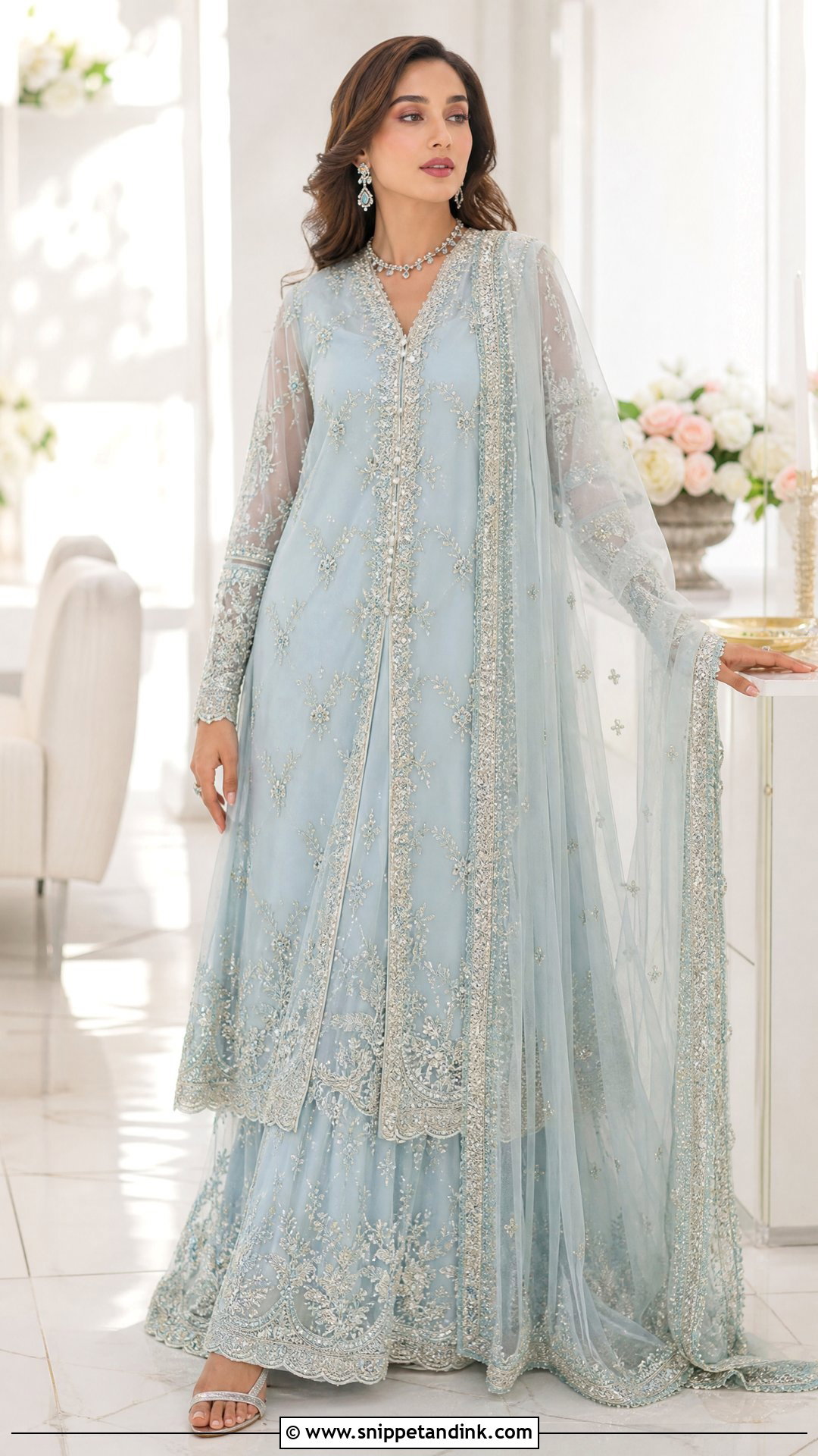 Powder Blue Long Shirt With Lehenga - Snippet and Ink - 25 Pakistani Long Shirt Wedding Dress Ideas