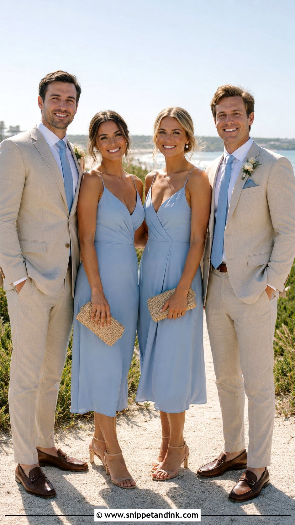 Powder Blue Midi Dresses With Beige Linen Suits - Snippet and Ink - 20 Blue Wedding Party Attire Ideas