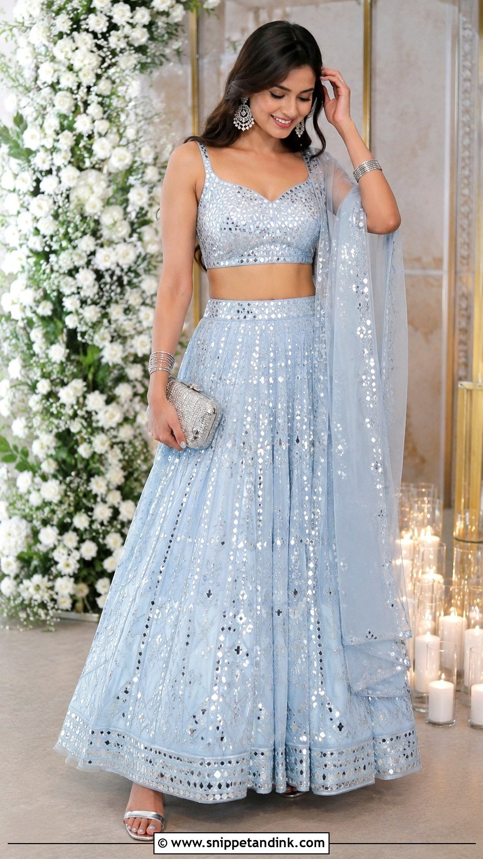 Powder Blue Mirror Work Lehenga Sangeet Outfit - Snippet and Ink - 20 Blue Sangeet Outfit Ideas