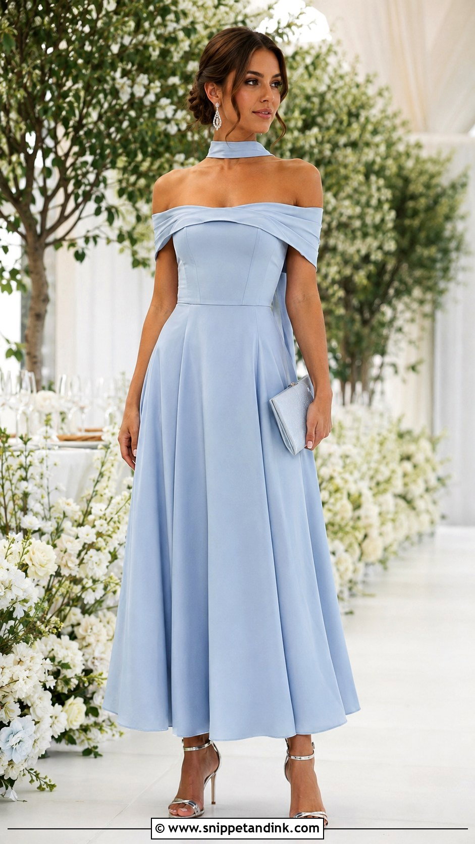 Powder Blue Off Shoulder Gown With Neck Scarf - Snippet and Ink - 20 Gown with Neck Scarf Ideas