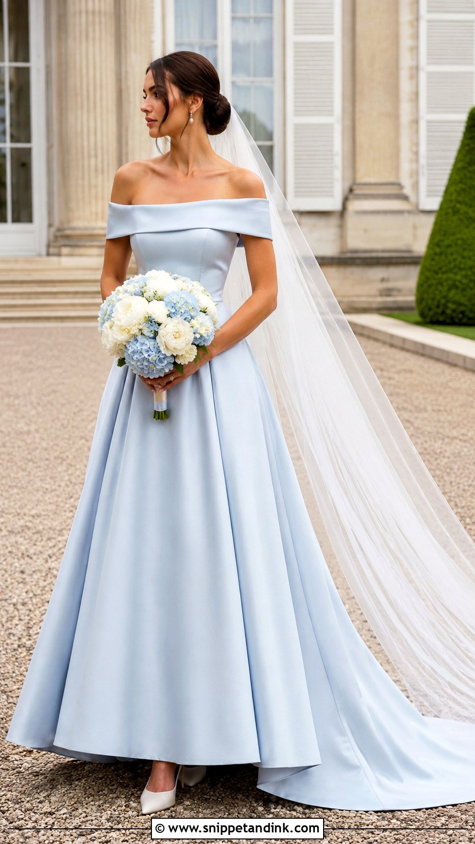 Powder Blue Off Shoulder Wedding Dress Outfit - Snippet and Ink - 20 Blue Wedding Dress Outfit Ideas