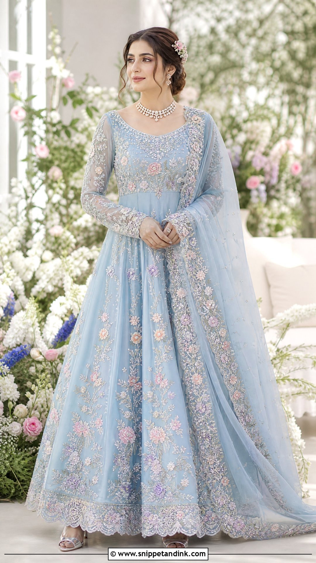 Powder Blue Pakistani Bridal Gown With Floral Embroidery - Snippet and Ink - 20 Pakistani Bridal Gown Ideas