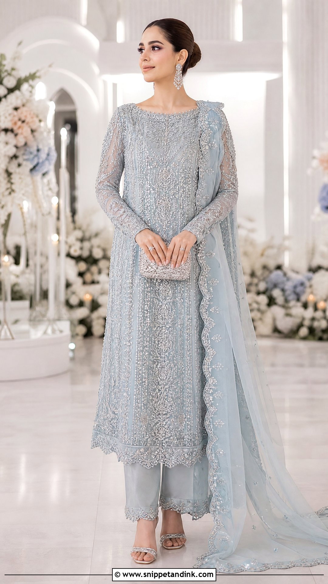 Powder Blue Pakistani Bridal Long Shirt Suit - Snippet and Ink - 20 Pakistani Bridal Suits