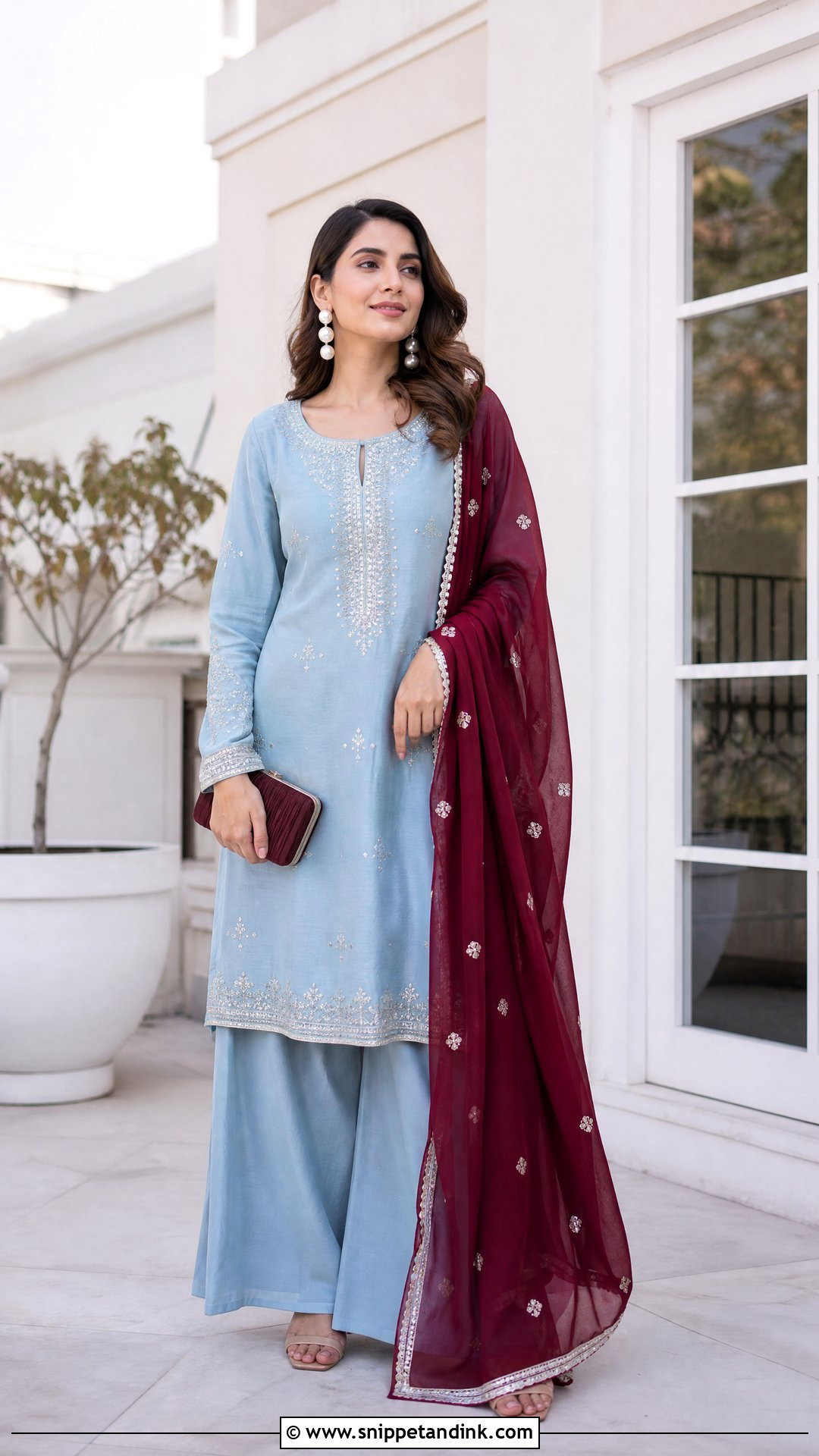 Powder Blue Palazzo Suit With Maroon Dupatta - Snippet and Ink - 20 Maroon Dupatta Combination Ideas