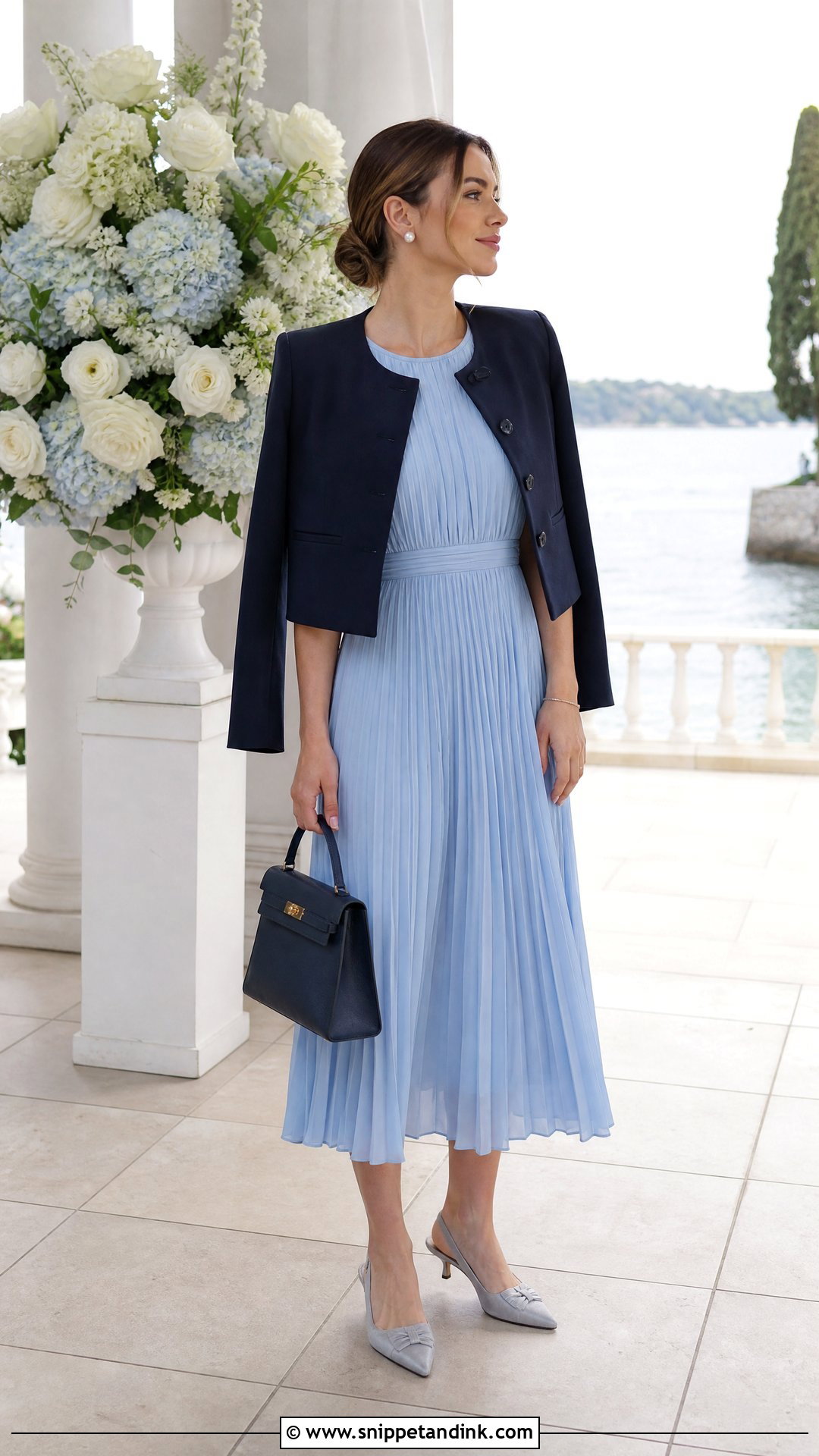 Powder Blue Pleated Midi Dress Wedding Outfit - Snippet and Ink - 20 Old Money Wedding Outfit Ideas