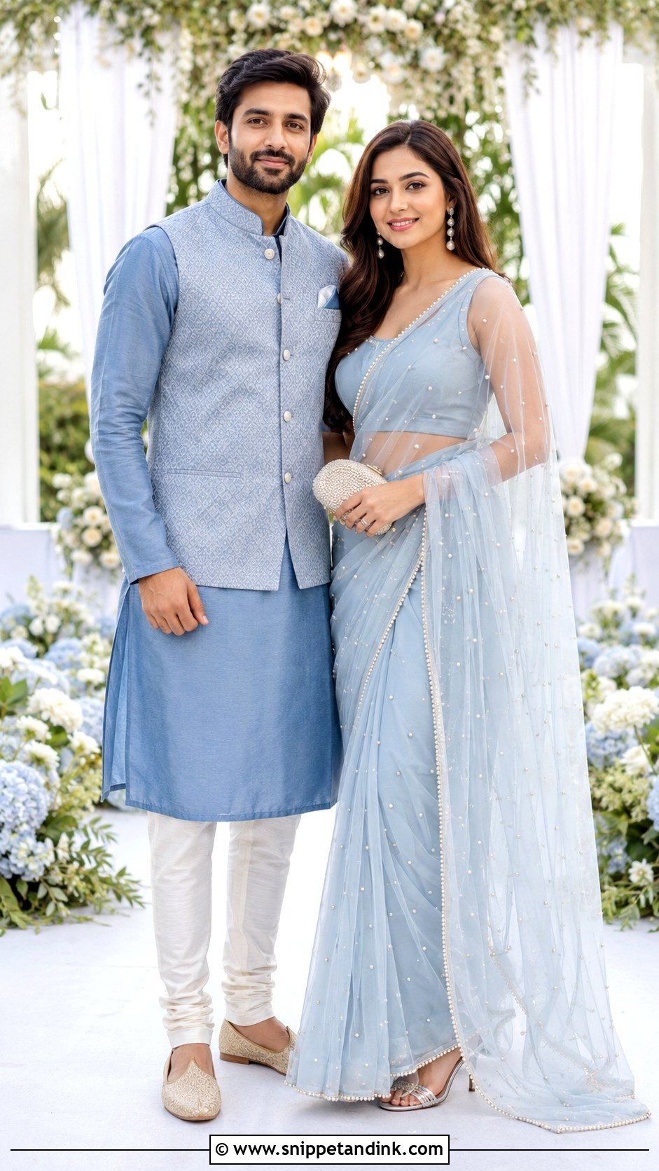 Powder Blue Saree And Blue Kurta - Snippet and Ink - 20 Couple Matching Outfits Indian Wedding