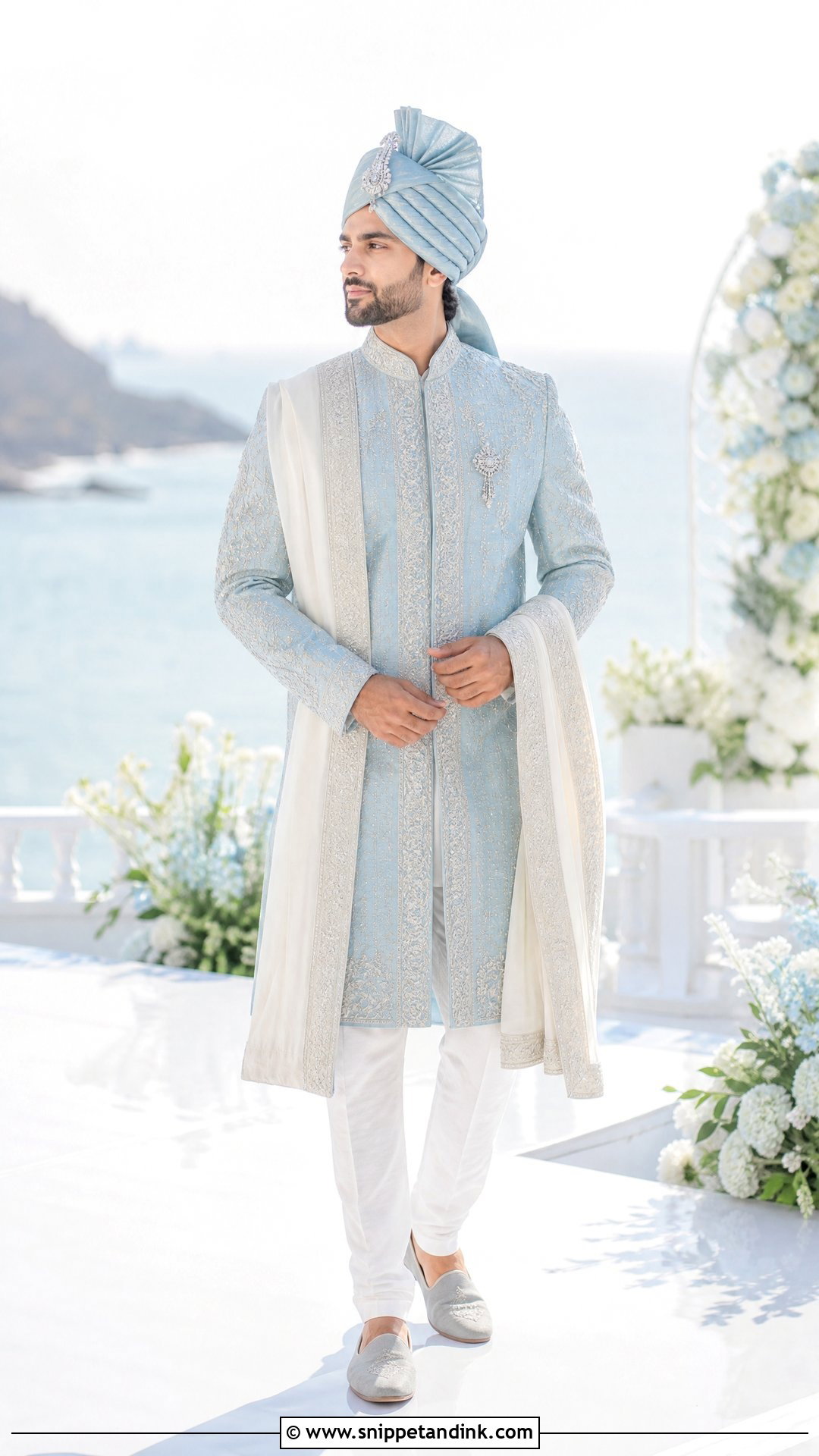 Powder Blue Sherwani With White Pants - Snippet and Ink - 20 Sherwani Wedding Ideas