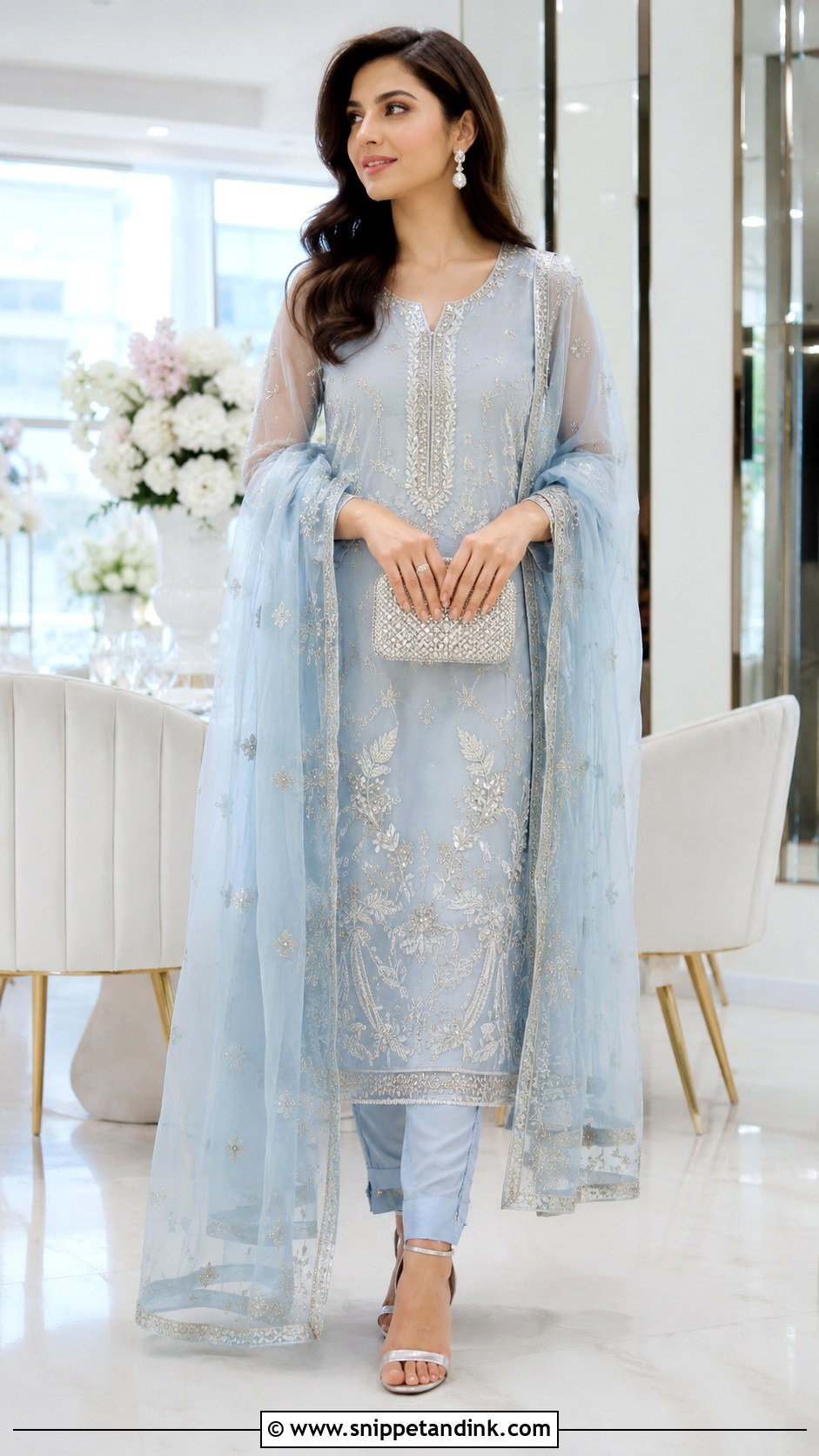 Powder Blue Suit With Silver Kiran Dupatta - Snippet and Ink - 20 Kiran Dupatta Ideas