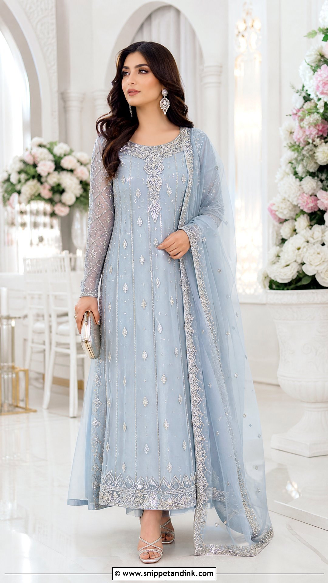Powder Blue Walima Pakistani Maxi With Silver Embroidery - Snippet and Ink - 20 Pakistani Maxi Designs for Wedding