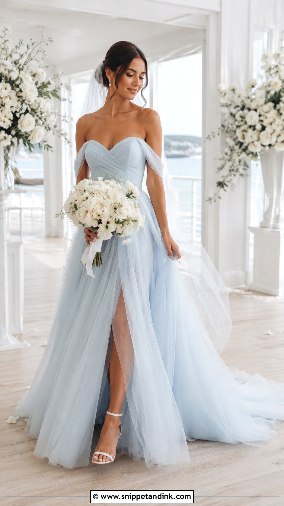 Powder Blue Wedding Dress With Pearl Earrings - Snippet and Ink - 25 Wedding Dresses with Color