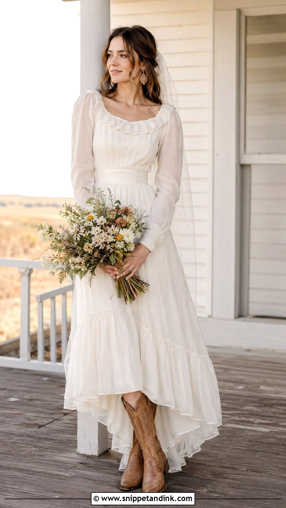 Prairie Wedding Dress With Tan Cowgirl Boots - Snippet and Ink - 20 Cowgirl Boots Wedding Dress Ideas
