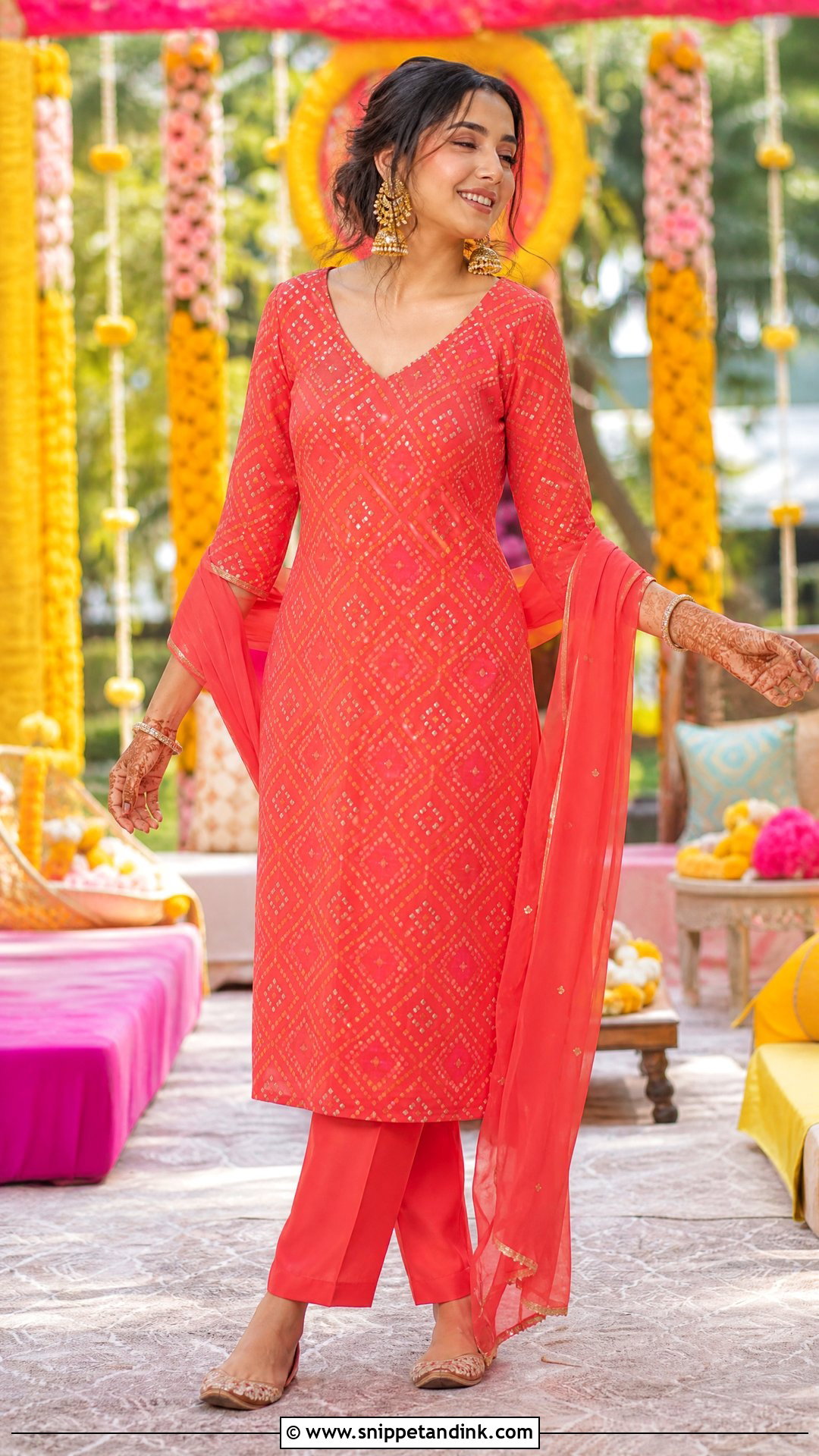 Prajakta Koli Coral Mehendi Kurta Set - Snippet and Ink - 20 Prajakta Koli Wedding Outfits