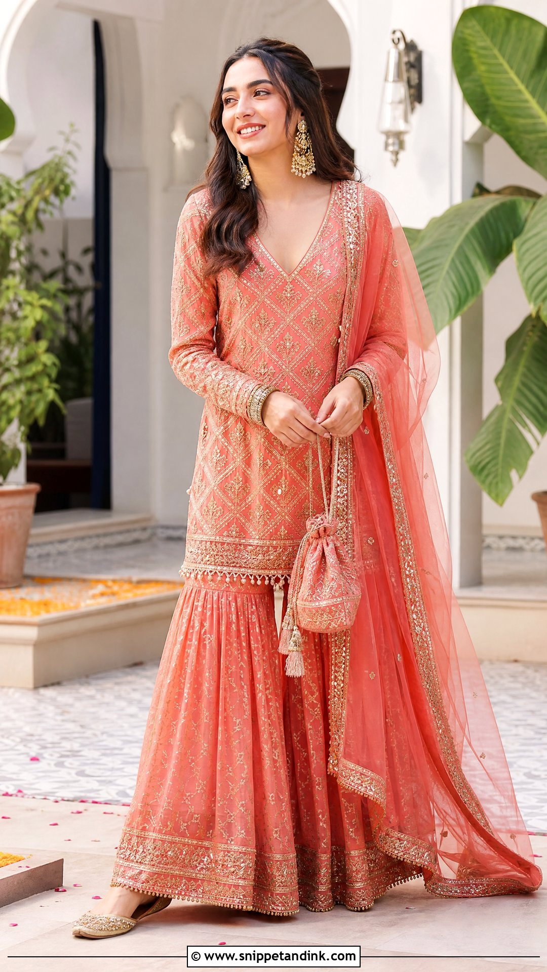 Prajakta Koli Coral Mehendi Sharara - Snippet and Ink - 20 Prajakta Koli Wedding Outfits