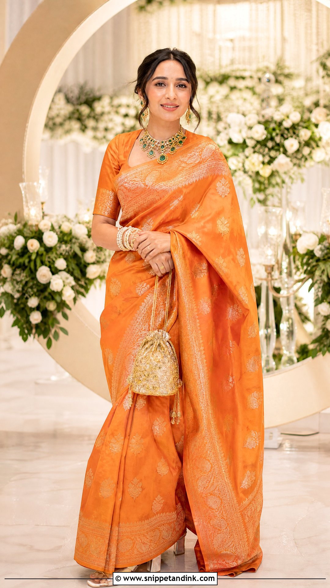 Prajakta Koli Orange Banarasi Reception Saree - Snippet and Ink - 20 Prajakta Koli Wedding Outfits