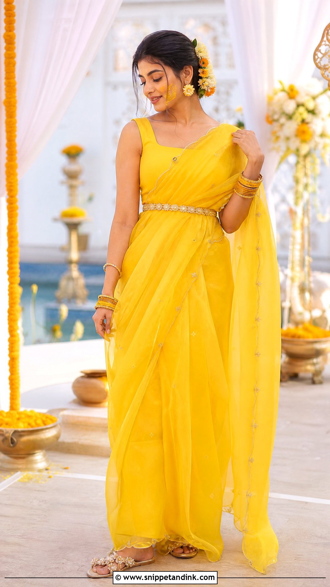 Pre Draped Organza Saree Haldi Outfit - Snippet and Ink - 20 Organza Haldi Outfit Ideas