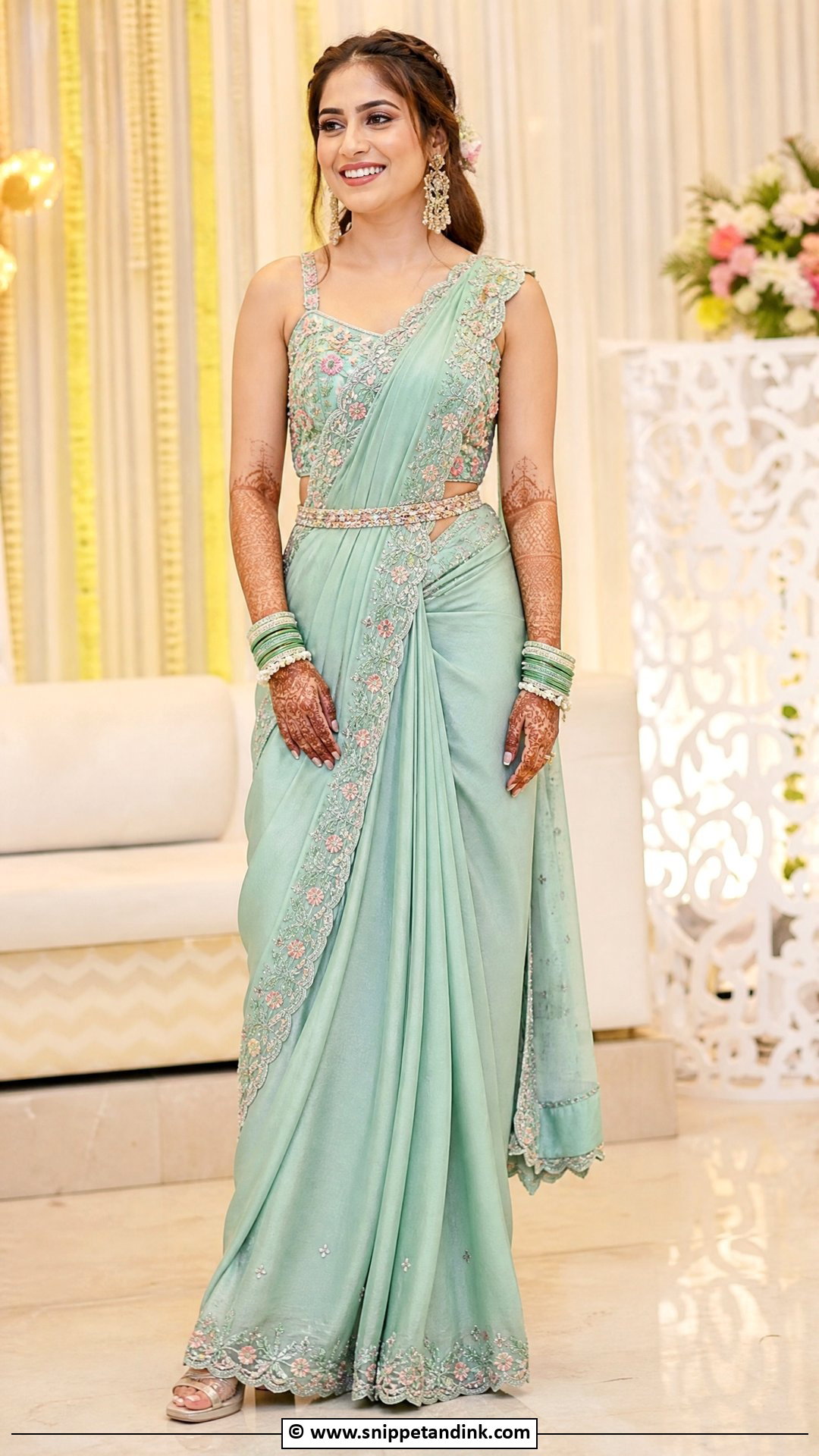 Pre Draped Saree Bridal Mehndi Outfit - Snippet and Ink - 35 Bridal Mehndi Outfit Ideas
