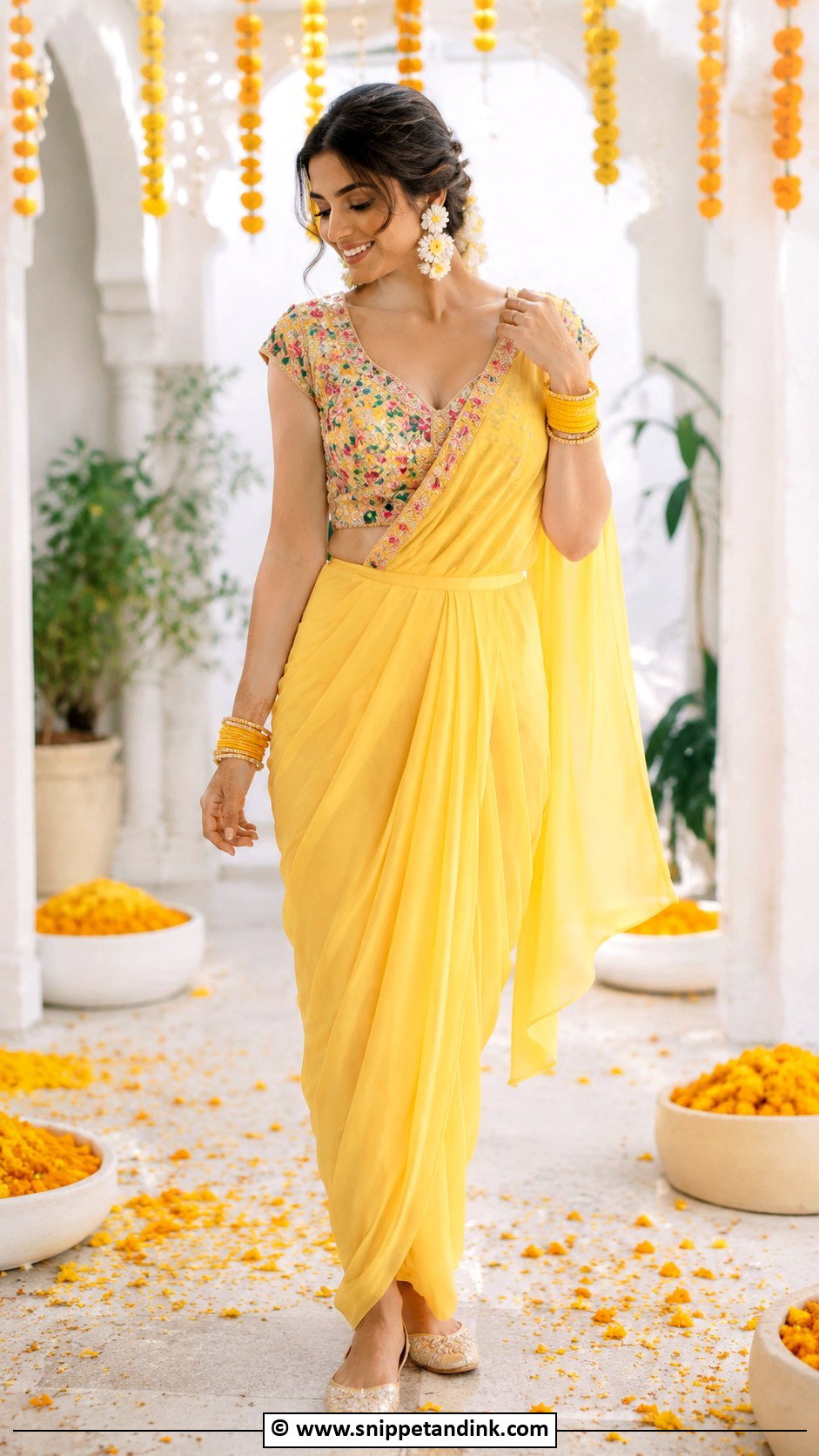 Pre Draped Saree For Haldi Bride - Snippet and Ink - 30 Haldi Bridal Outfit Ideas