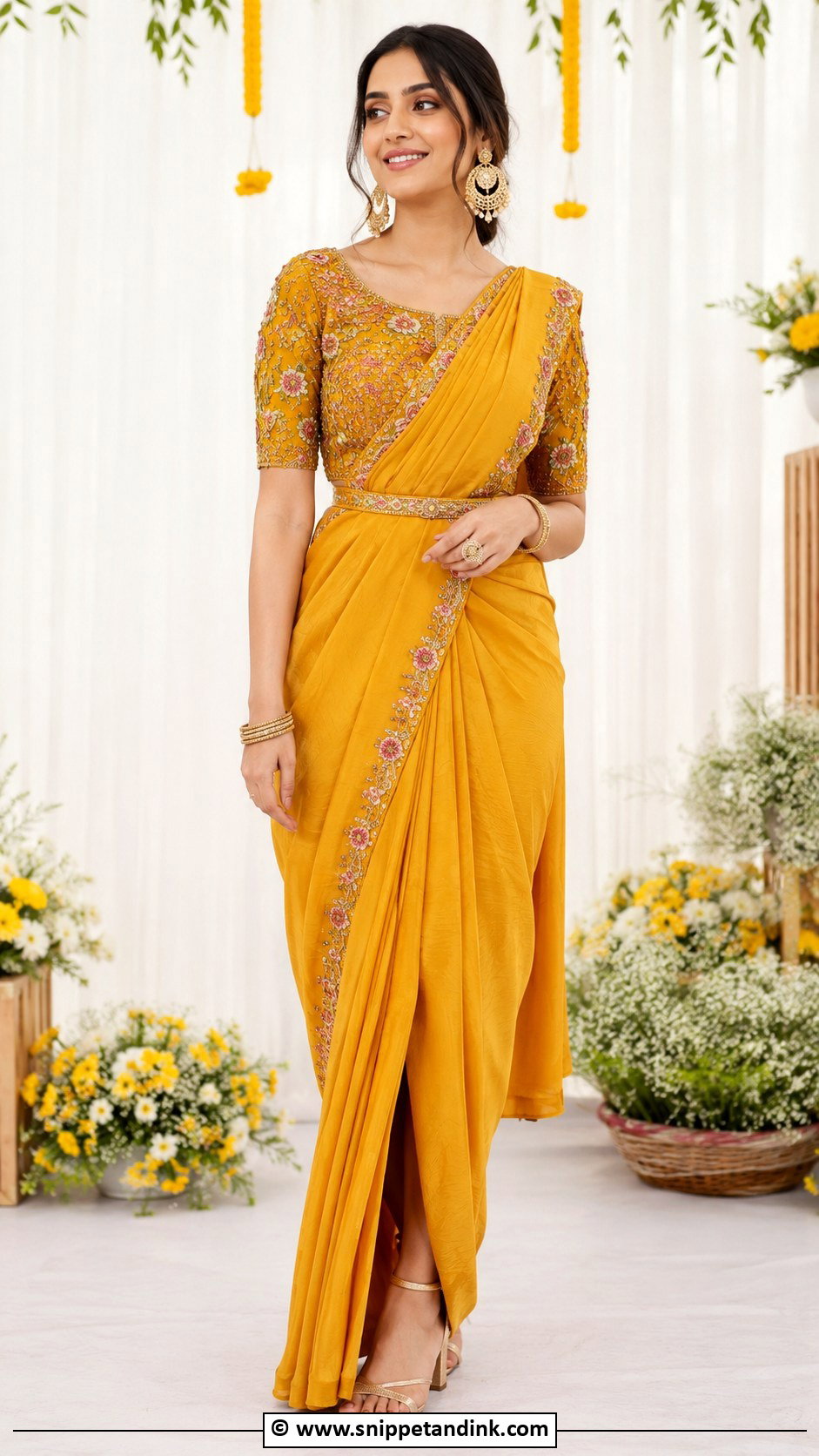 Pre Draped Saree For Mehandi Bride - Snippet and Ink - 30 Mehandi Outfits Brides