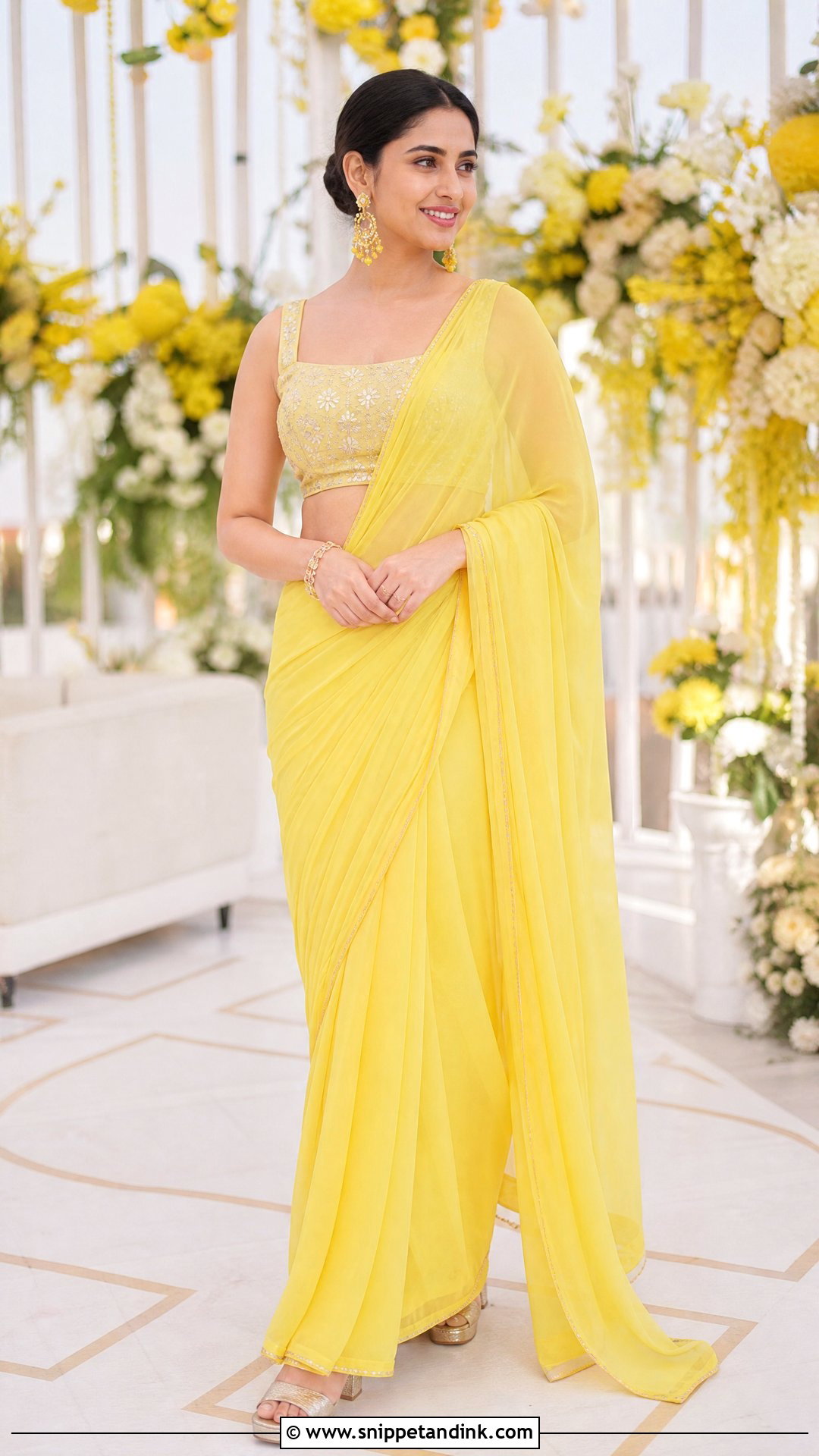 Pre Draped Saree Haldi Dress - Snippet and Ink - 20 Simple Haldi Dress Ideas for Sisters