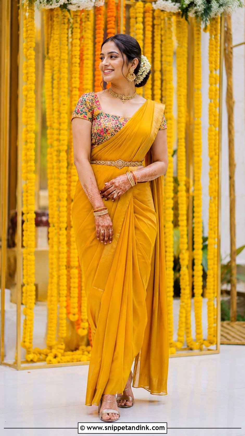 Pre Draped Saree Haldi Dress - Snippet and Ink - 20 Haldi Wedding Dress Ideas