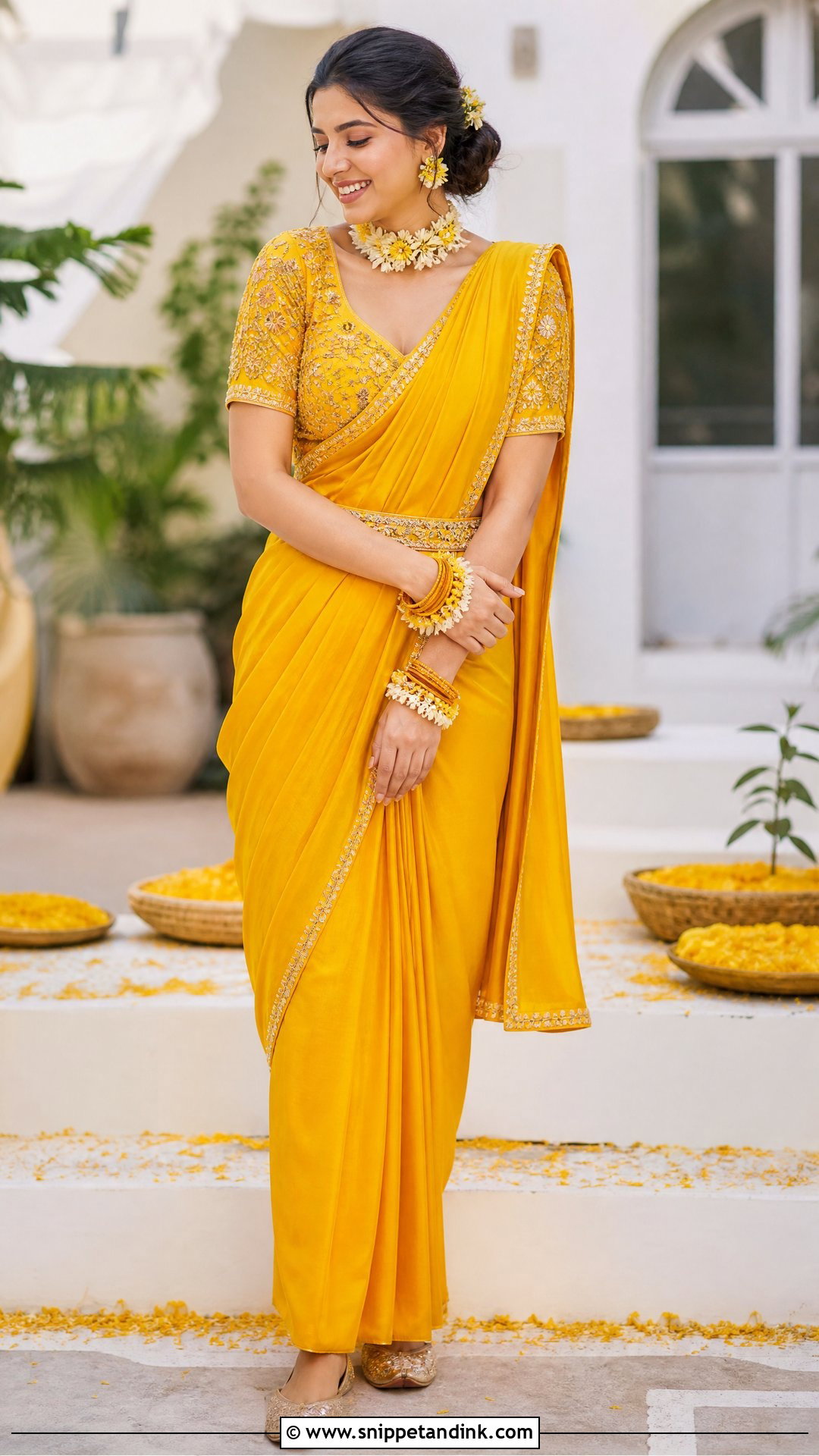 Pre Draped Saree Haldi Outfit - Snippet and Ink - 25 Simple Haldi Outfit for Bride Ideas