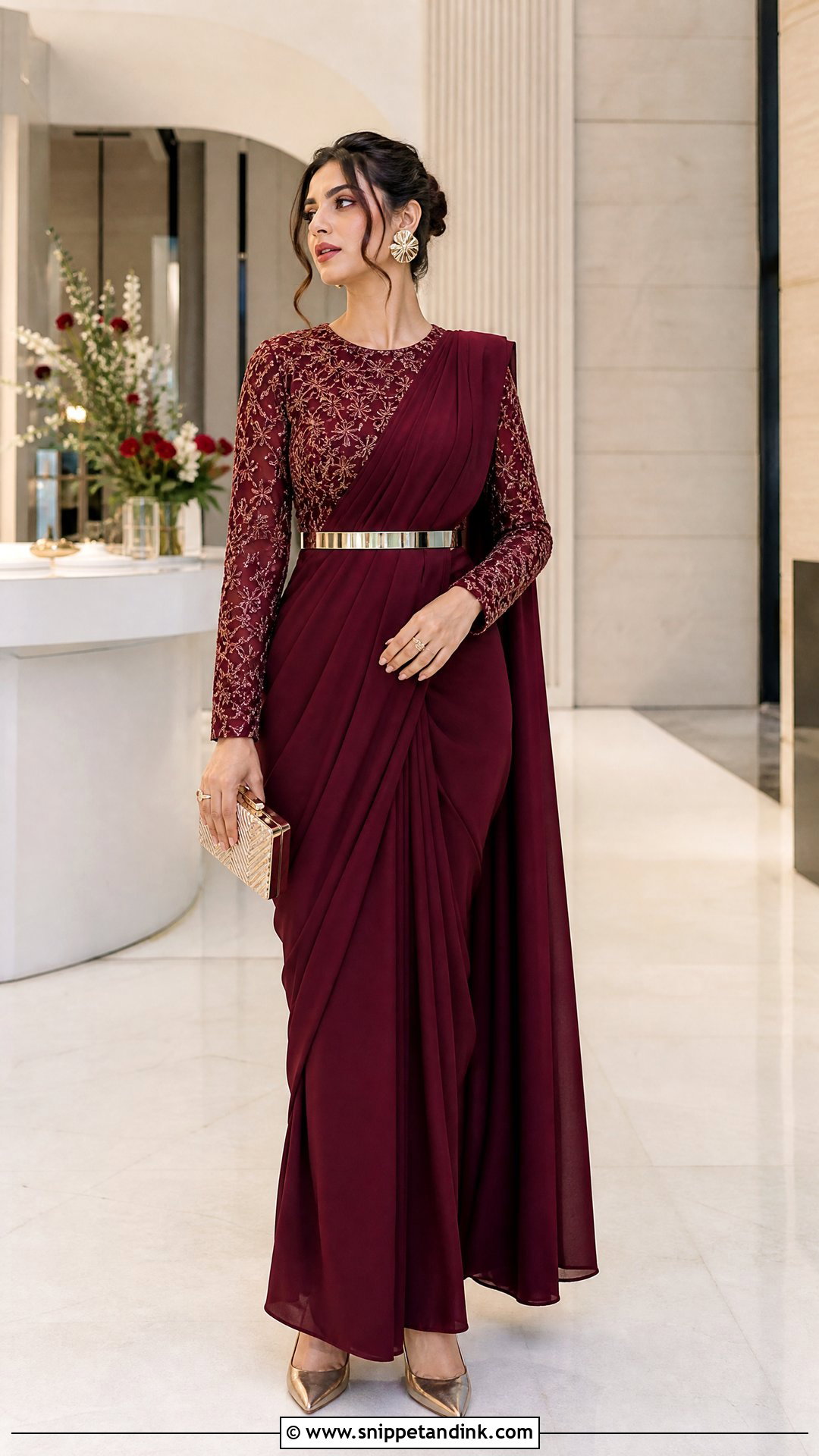 Pre Draped Saree Winter Marriage Outfit - Snippet and Ink - 20 Winter Marriage Outfit for Women Ideas