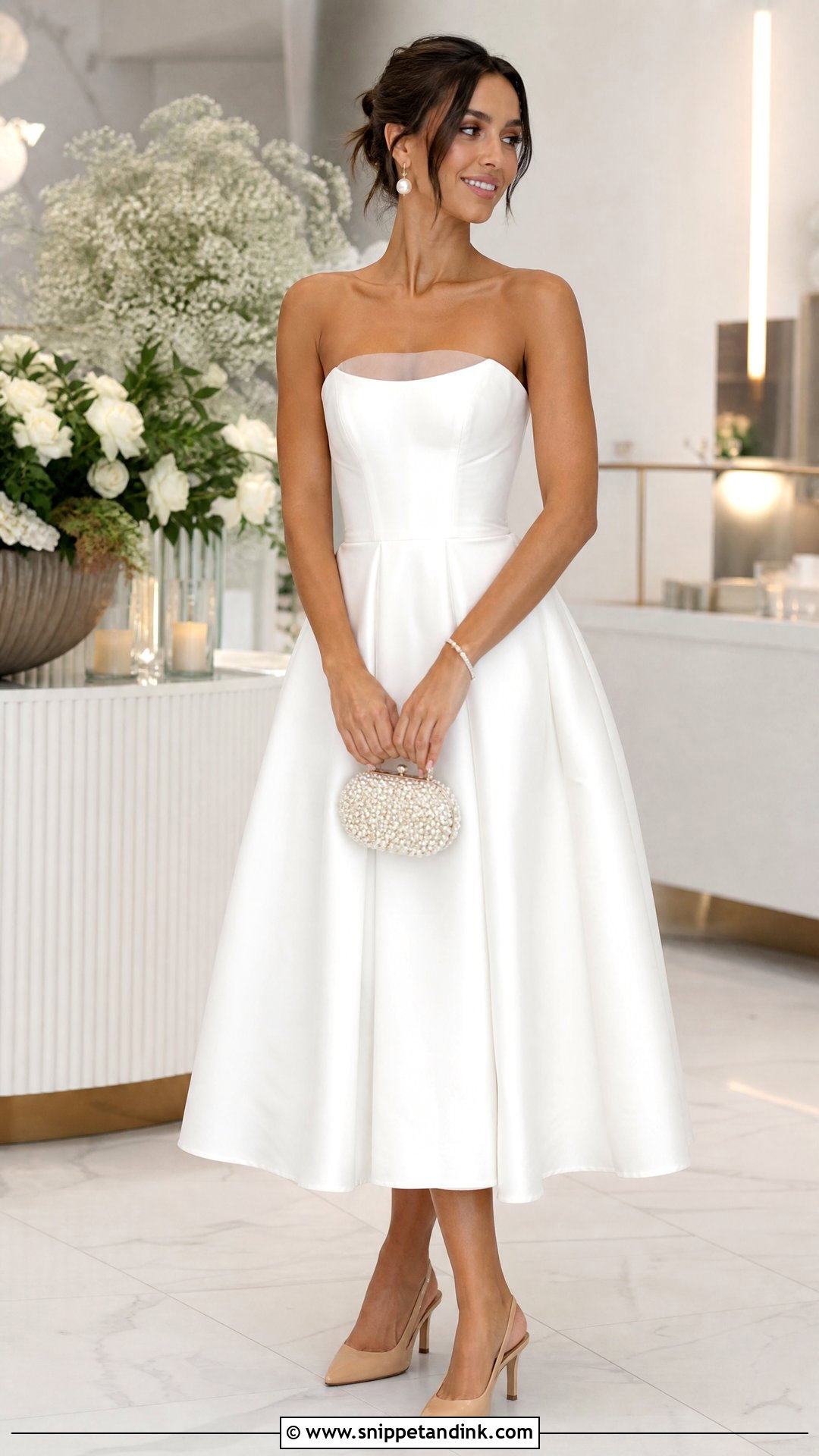 Pre Wedding Engagement Party White Midi Dress - Snippet and Ink - 20 Pre Wedding Outfits Ideas