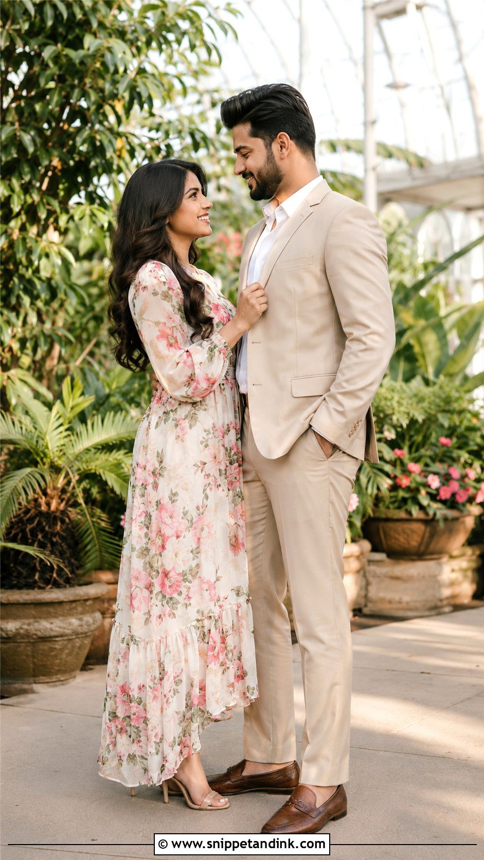 Pre Wedding Floral Dress And Beige Suit - Snippet and Ink - 25 Pre Wedding Dress Ideas for Couple