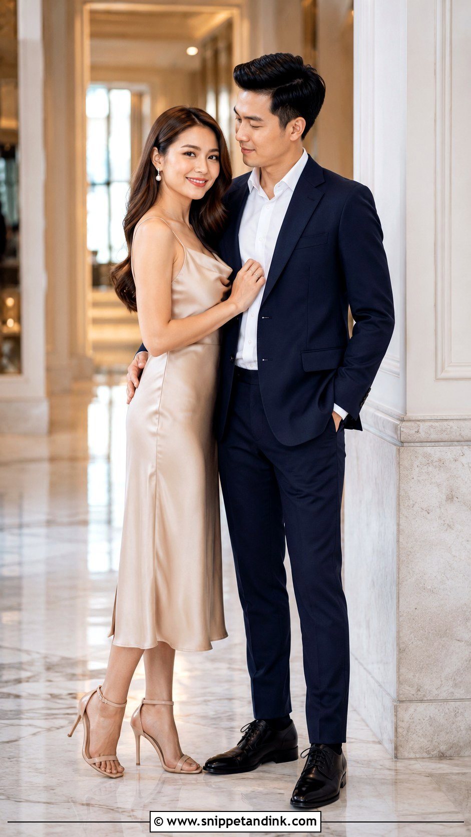 Pre Wedding Satin Dress And Navy Suit - Snippet and Ink - 25 Pre Wedding Dress Ideas for Couple