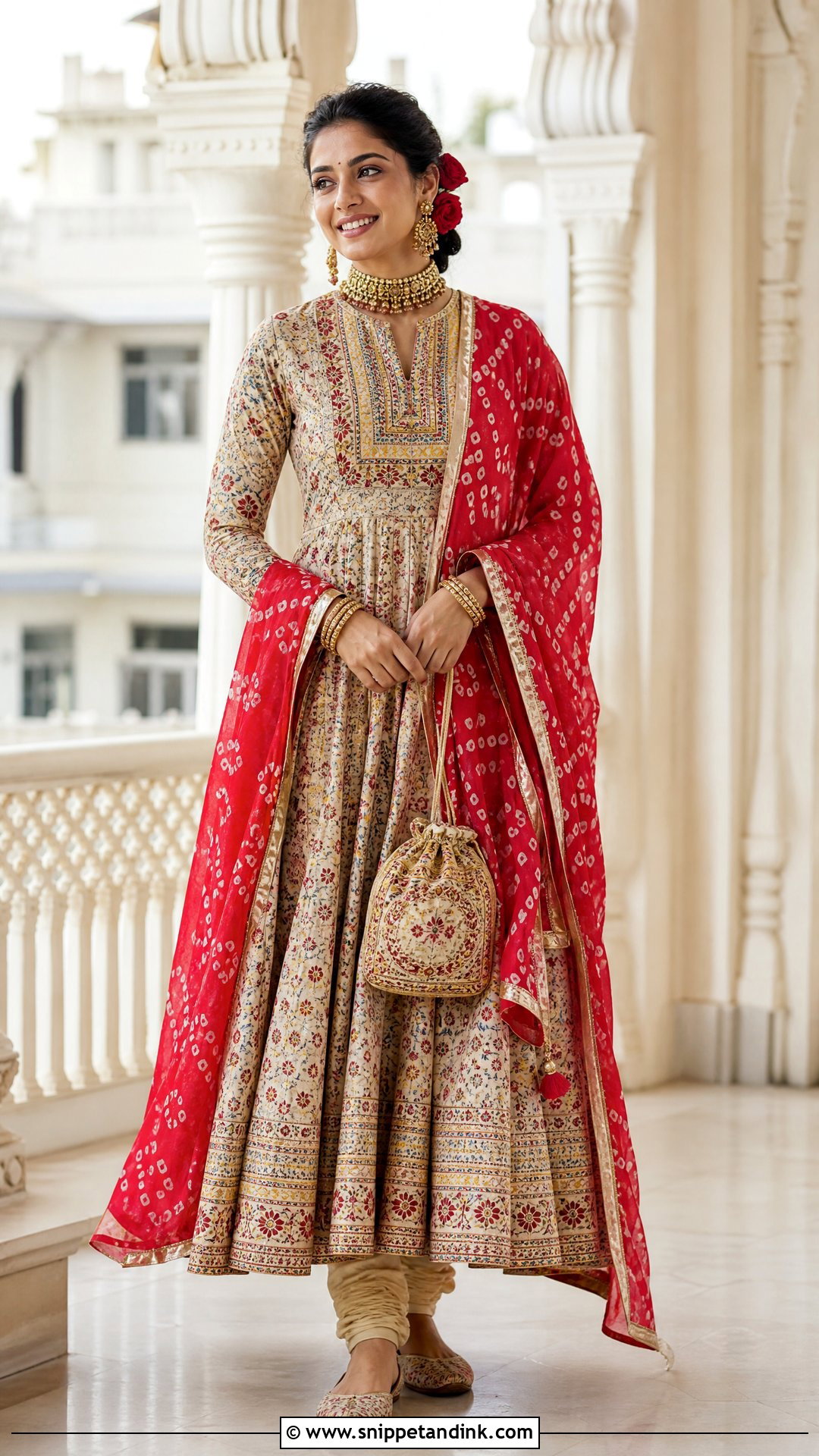 Printed Anarkali With Bandhani Dupatta - Snippet and Ink - 20 Rajasthani Wedding Dress Ideas