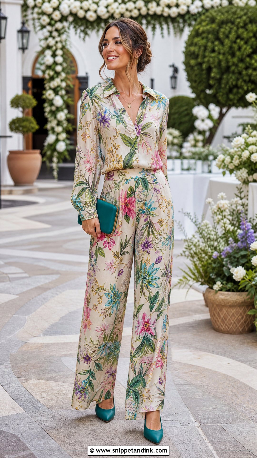 Printed Blouse And Matching Pants Two Piece Wedding Outfit - Snippet and Ink - 20 Two Piece Wedding Outfit Ideas